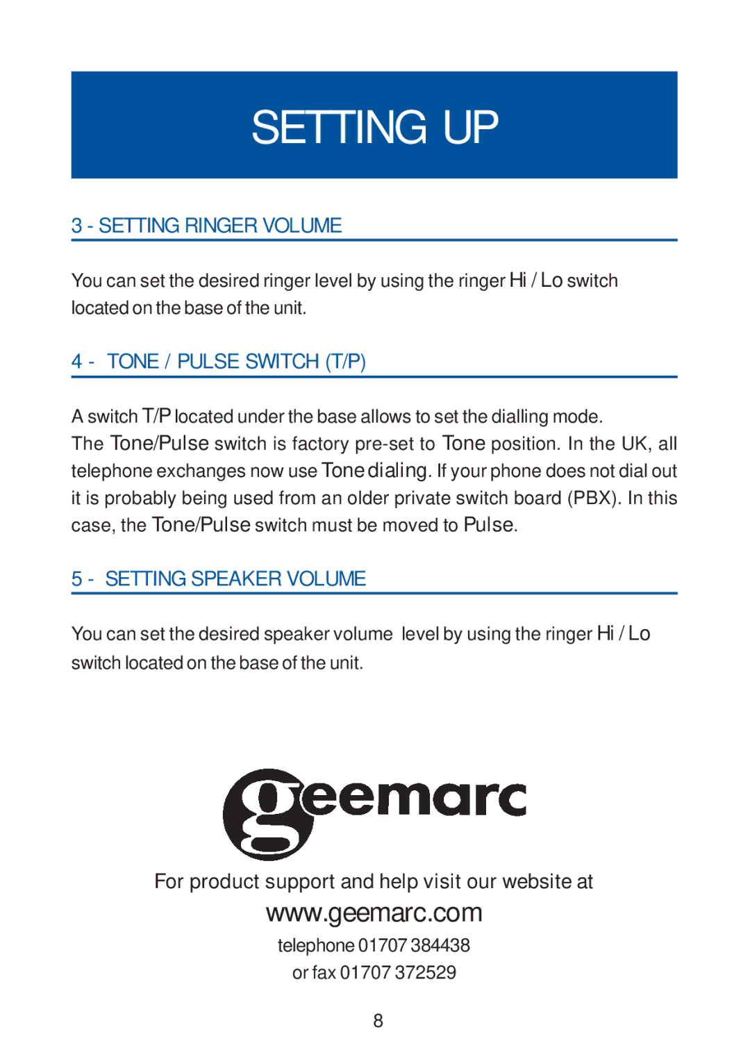 Geemarc 20 manual Setting Ringer Volume, Tone / Pulse Switch T/P, Setting Speaker Volume 