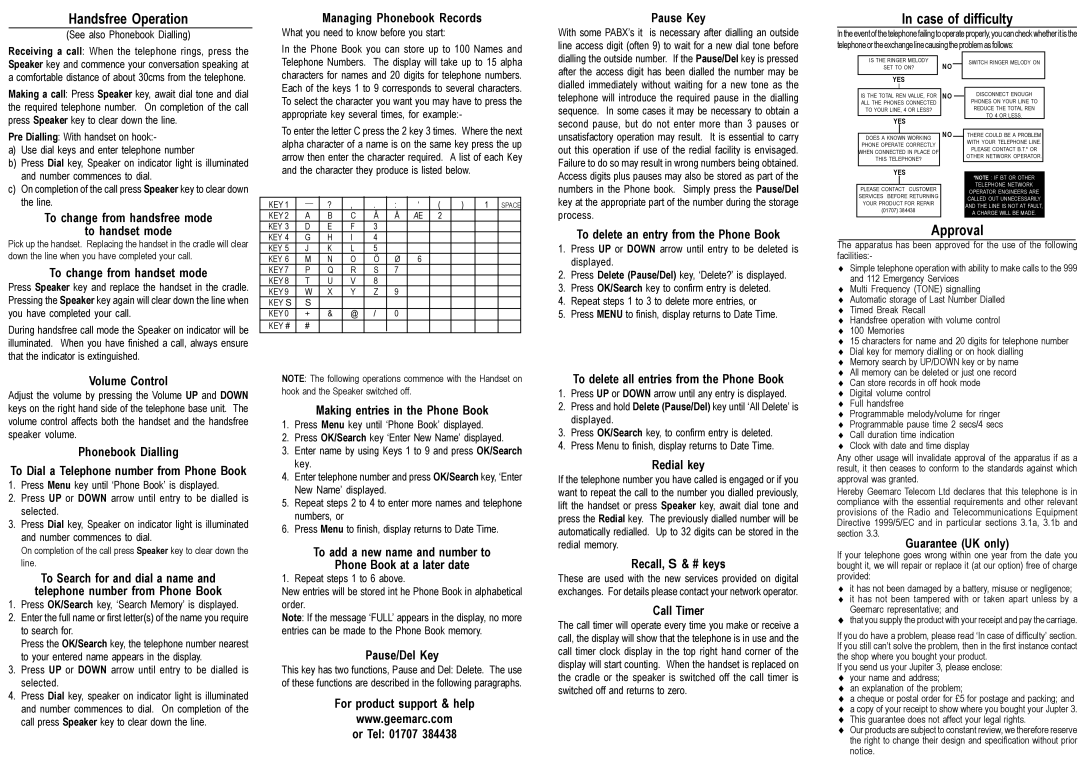 Geemarc 3 manual Handsfree Operation, Case of difficulty, Approval 