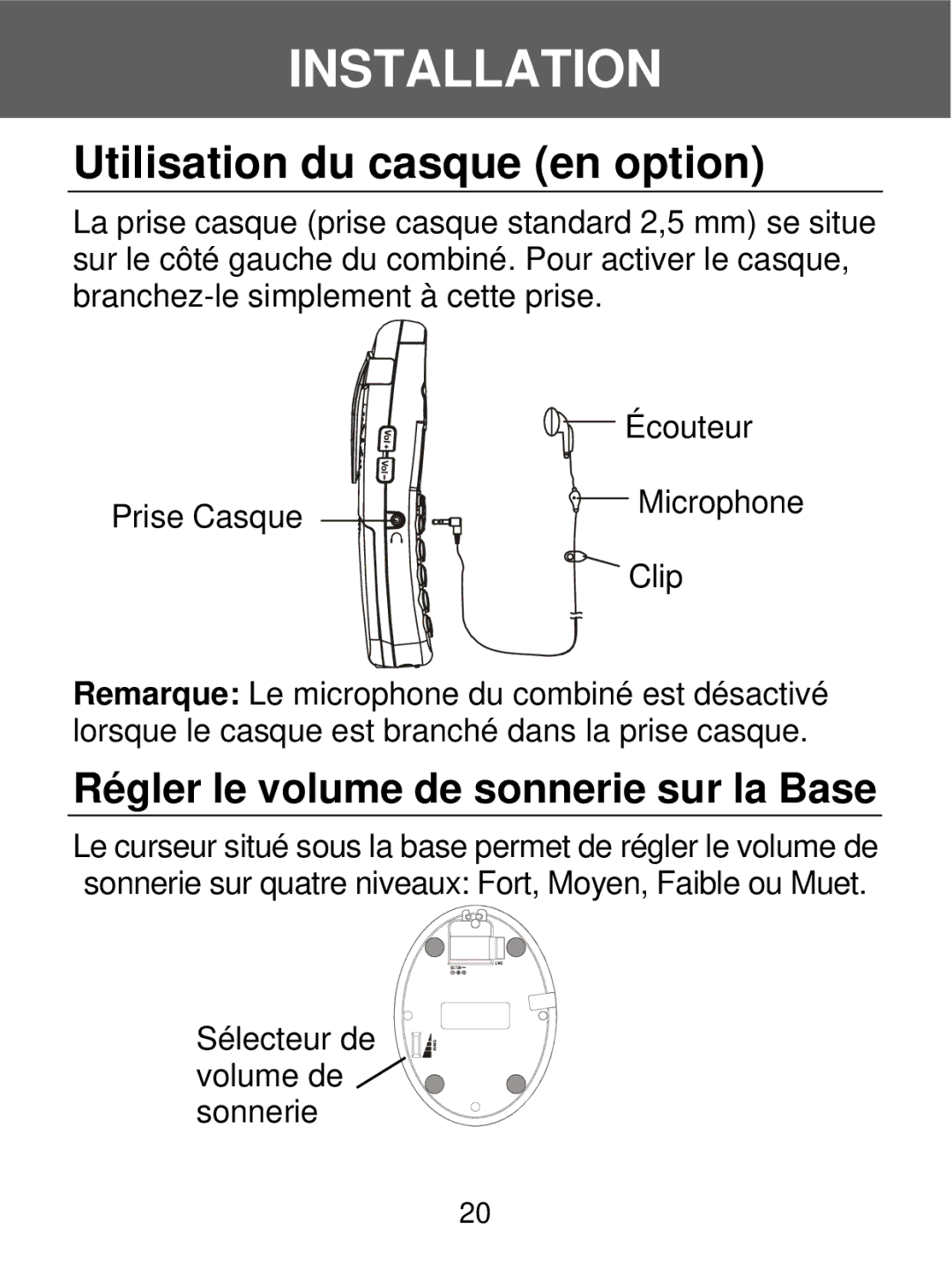 Geemarc 350 manual Utilisation du casque en option, Régler le volume de sonnerie sur la Base 