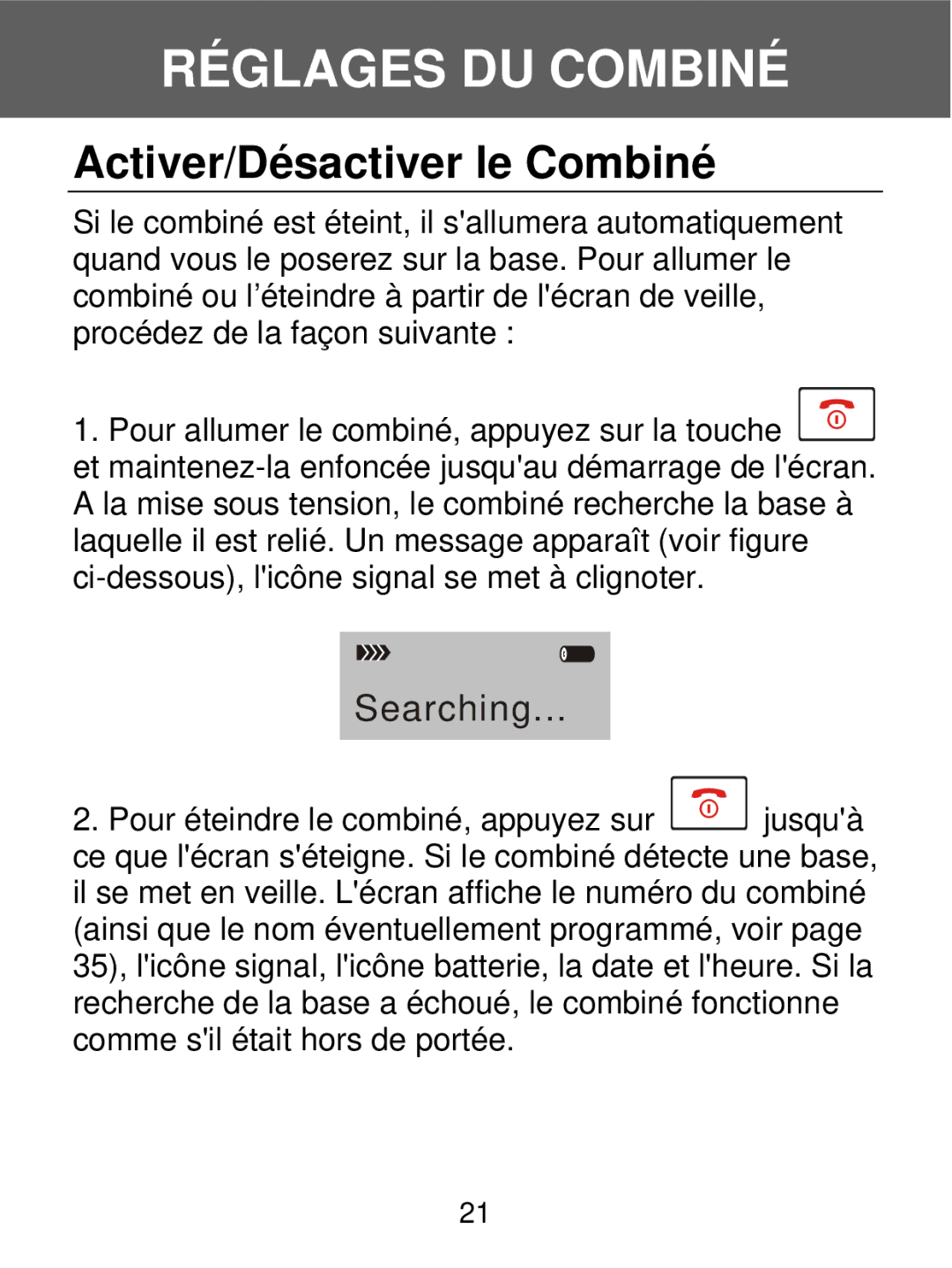 Geemarc 350 manual Réglages DU Combiné, Activer/Désactiver le Combiné 