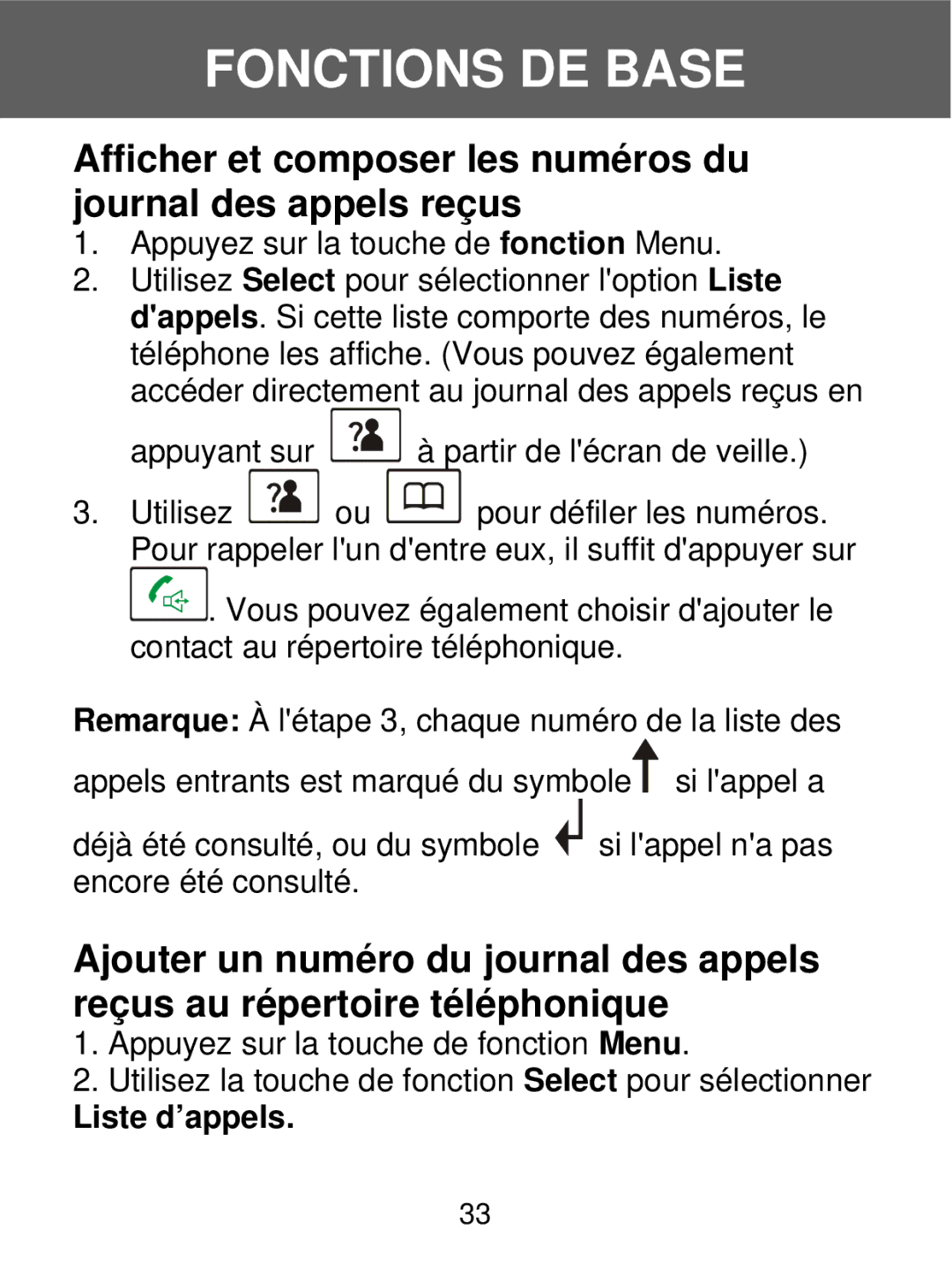 Geemarc 350 manual Afficher et composer les numéros du journal des appels reçus, Liste d’appels 