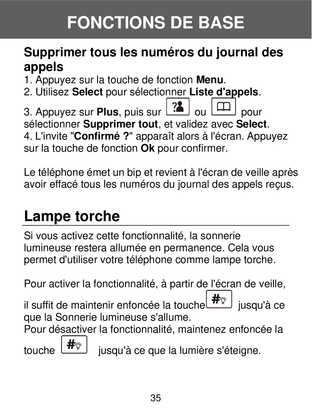 Geemarc 350 manual Lampe torche, Supprimer tous les numéros du journal des appels 