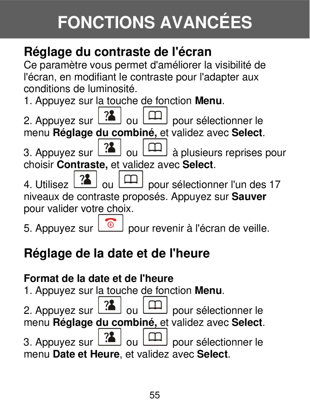 Geemarc 350 manual Réglage du contraste de lécran, Réglage de la date et de lheure, Format de la date et de lheure 