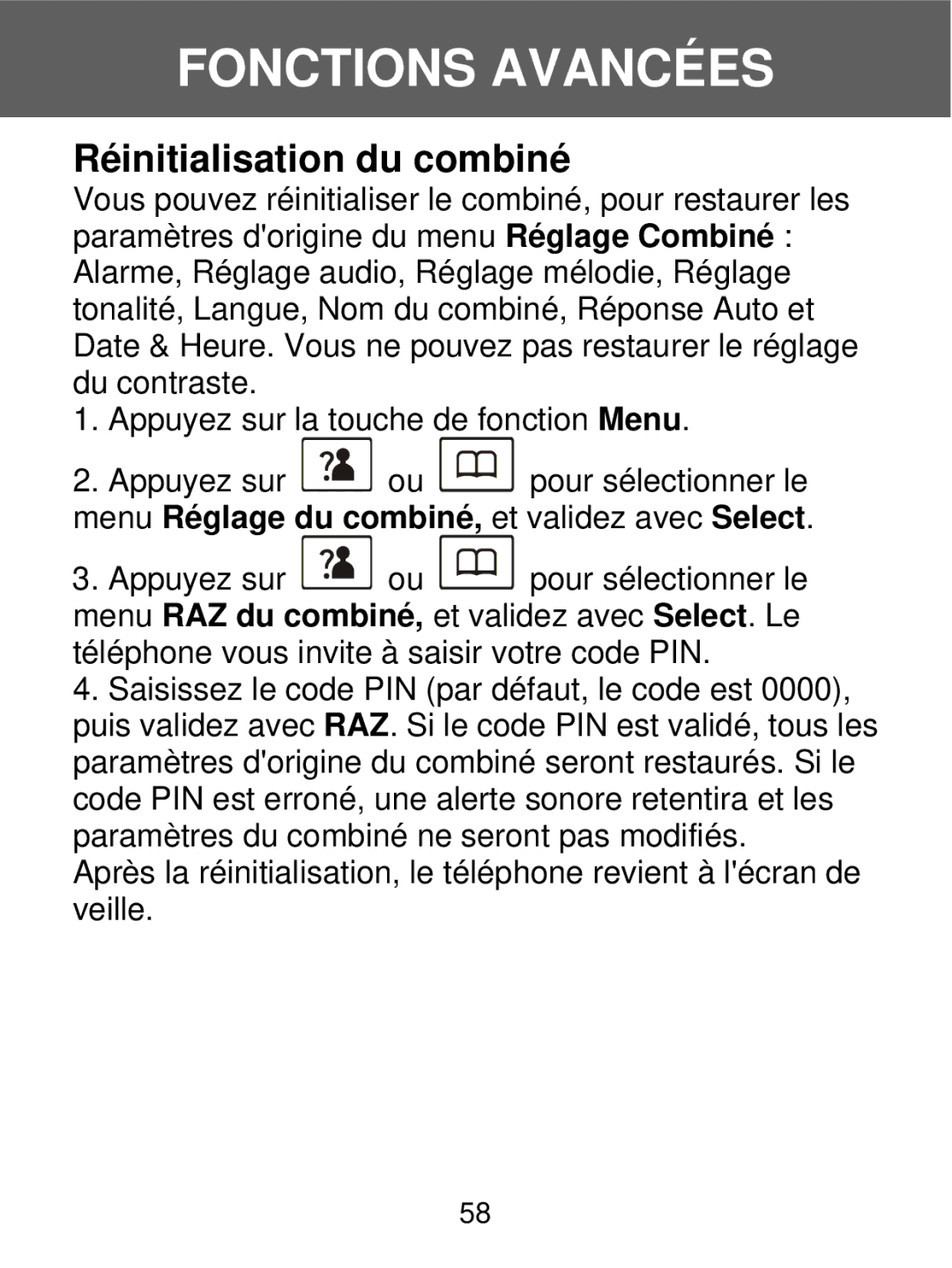 Geemarc 350 manual Réinitialisation du combiné 