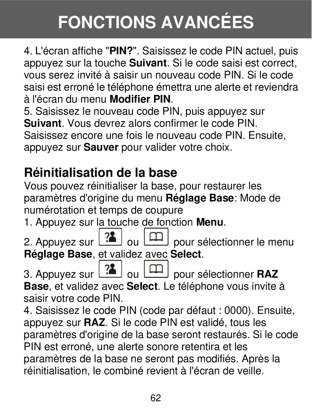 Geemarc 350 manual Réinitialisation de la base 