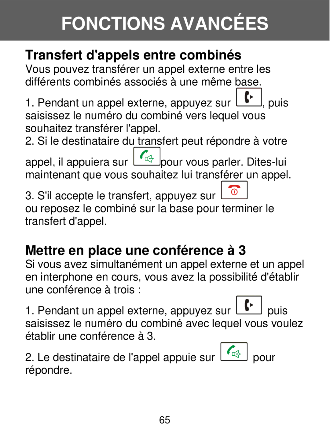 Geemarc 350 manual Transfert dappels entre combinés, Mettre en place une conférence à 