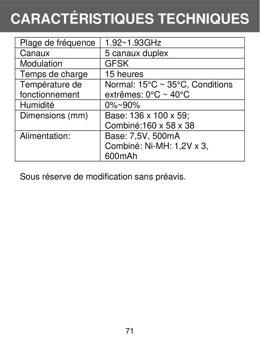 Geemarc 350 manual Caractéristiques Techniques 