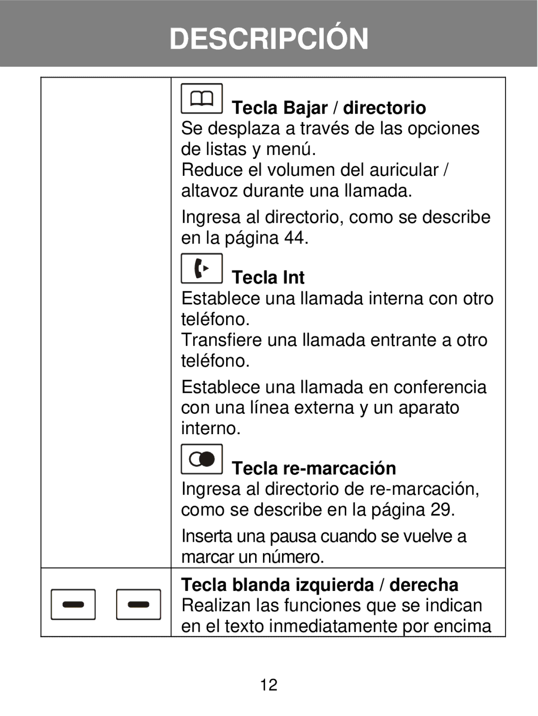 Geemarc 350 manual Tecla Bajar / directorio, Tecla Int, Tecla re-marcación 