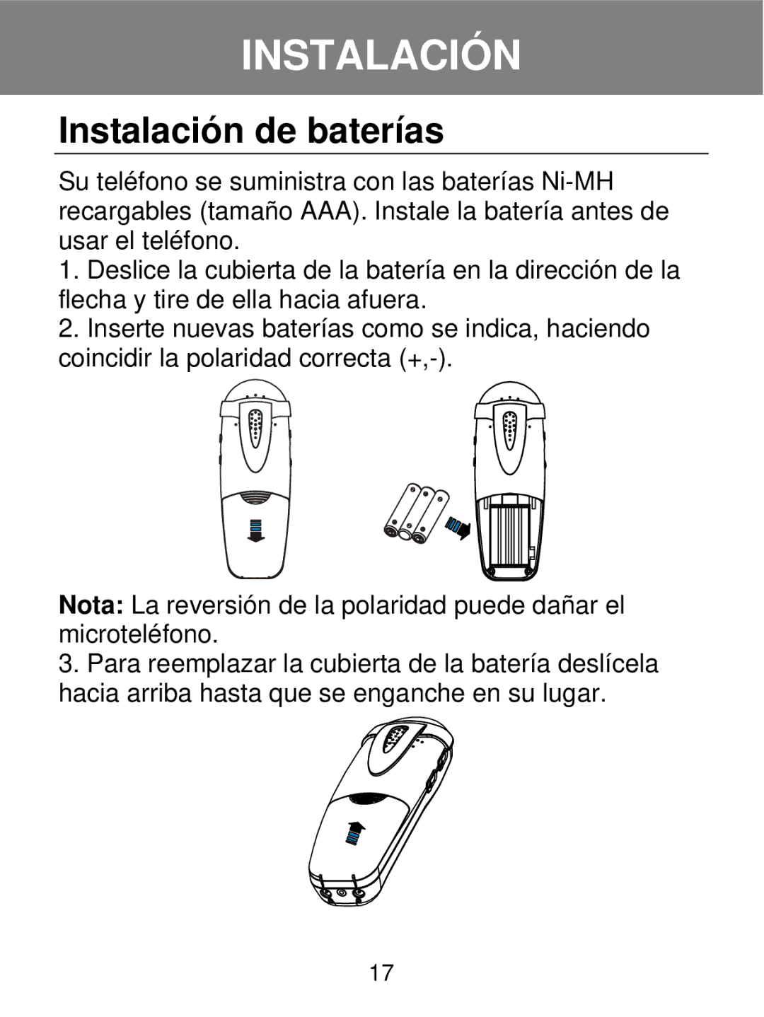 Geemarc 350 manual Instalación de baterías 