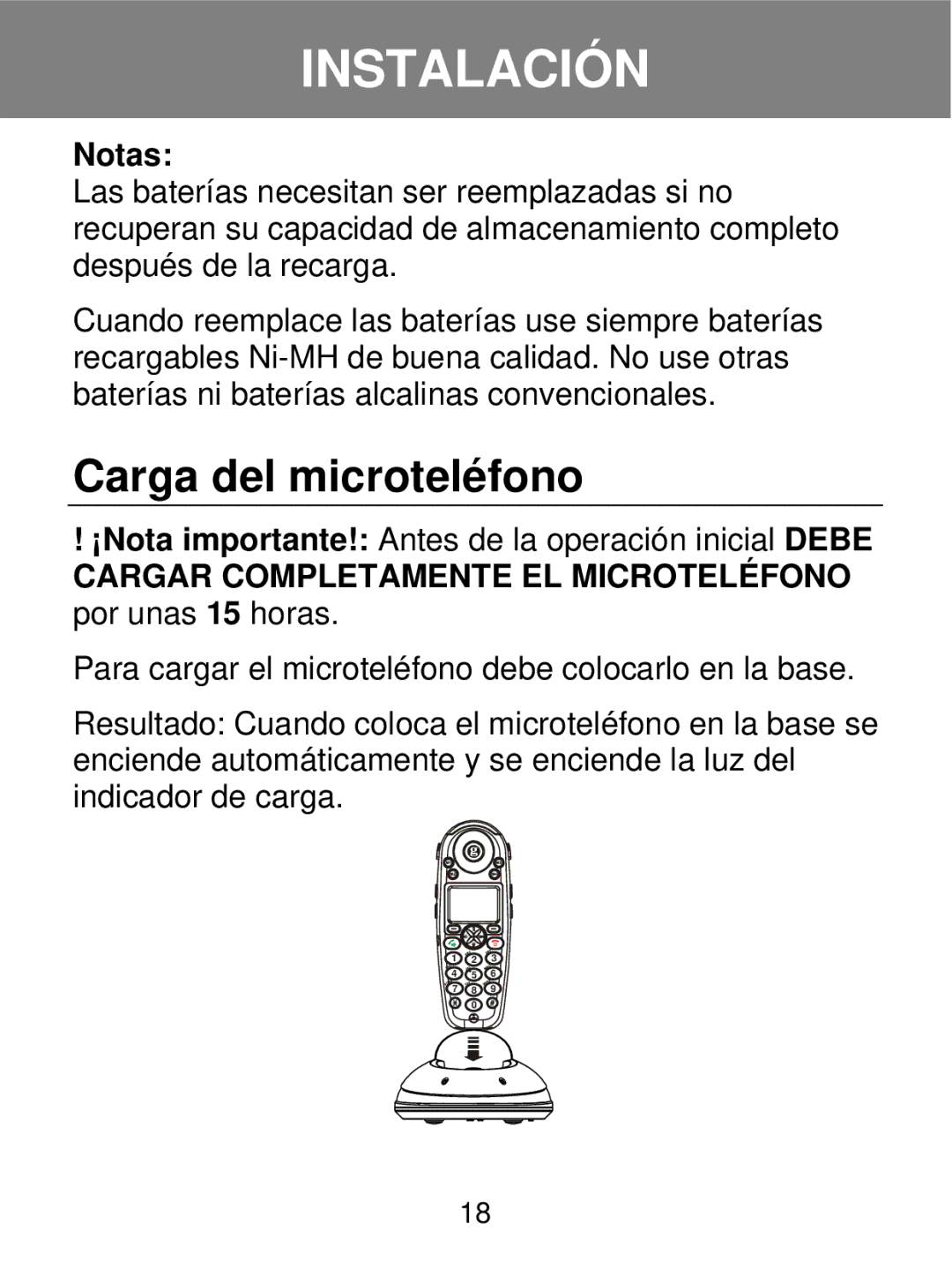 Geemarc 350 manual Carga del microteléfono, Notas, Cargar Completamente EL Microteléfono por unas 15 horas 