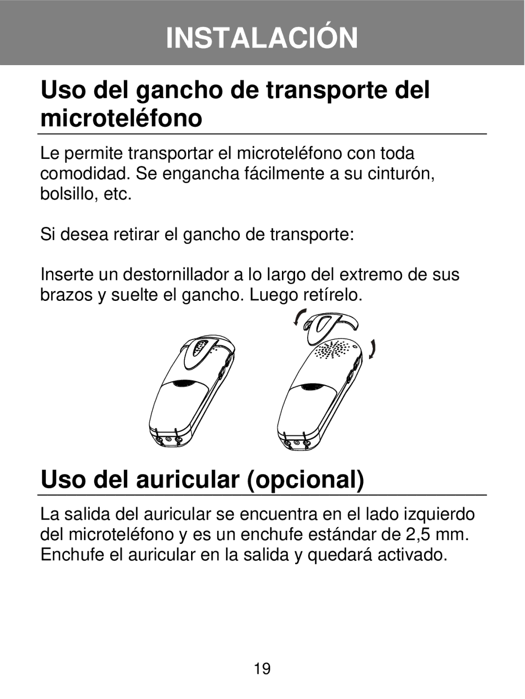 Geemarc 350 manual Uso del gancho de transporte del microteléfono, Uso del auricular opcional 