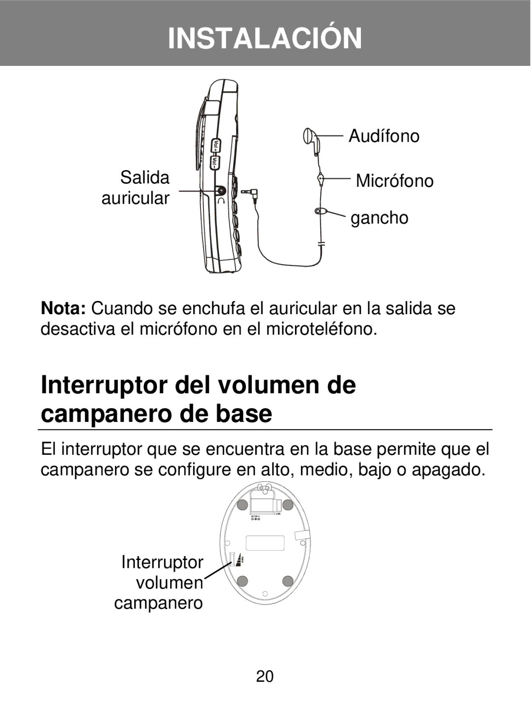 Geemarc 350 manual Interruptor del volumen de campanero de base 