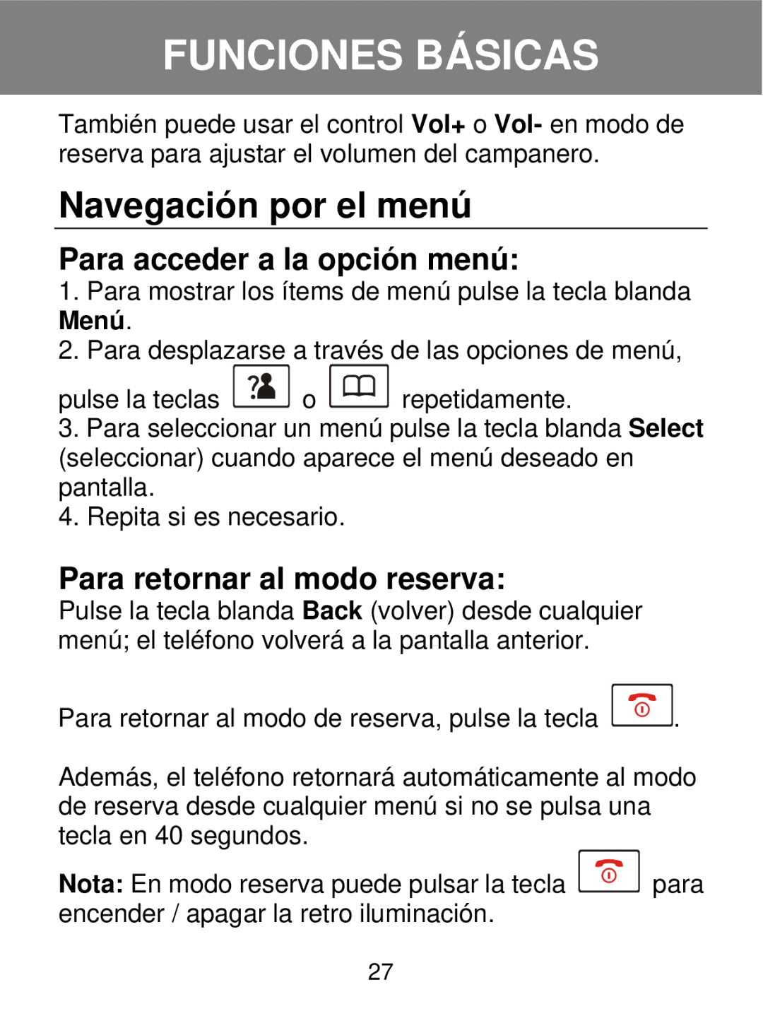 Geemarc 350 manual Navegación por el menú, Para acceder a la opción menú, Para retornar al modo reserva 