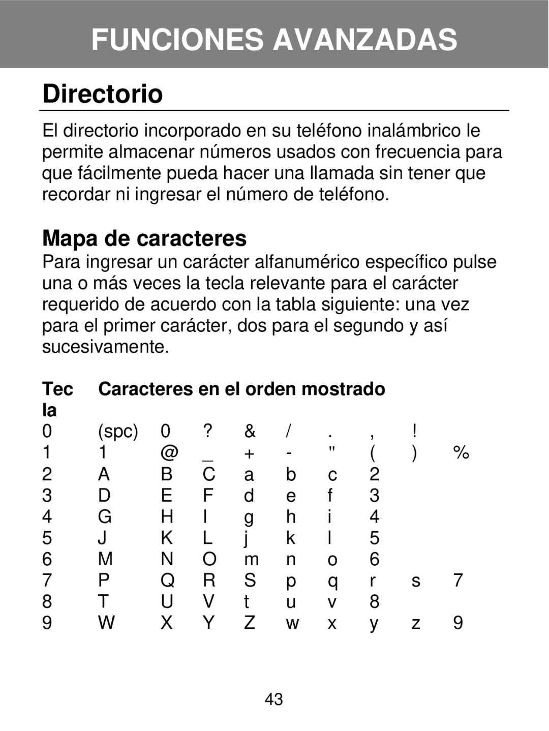 Geemarc 350 manual Funciones Avanzadas, Directorio, Mapa de caracteres, Tec Caracteres en el orden mostrado 