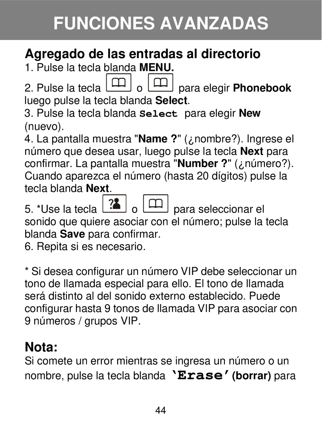 Geemarc 350 manual Agregado de las entradas al directorio, Nota 