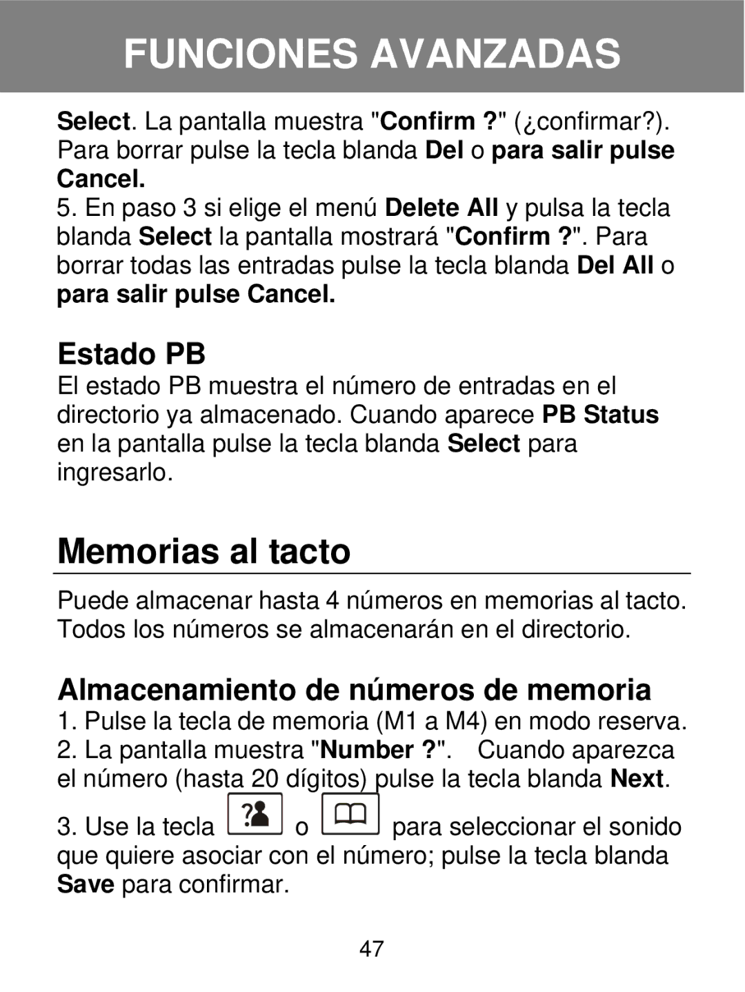 Geemarc 350 manual Memorias al tacto, Estado PB, Almacenamiento de números de memoria, Cancel 