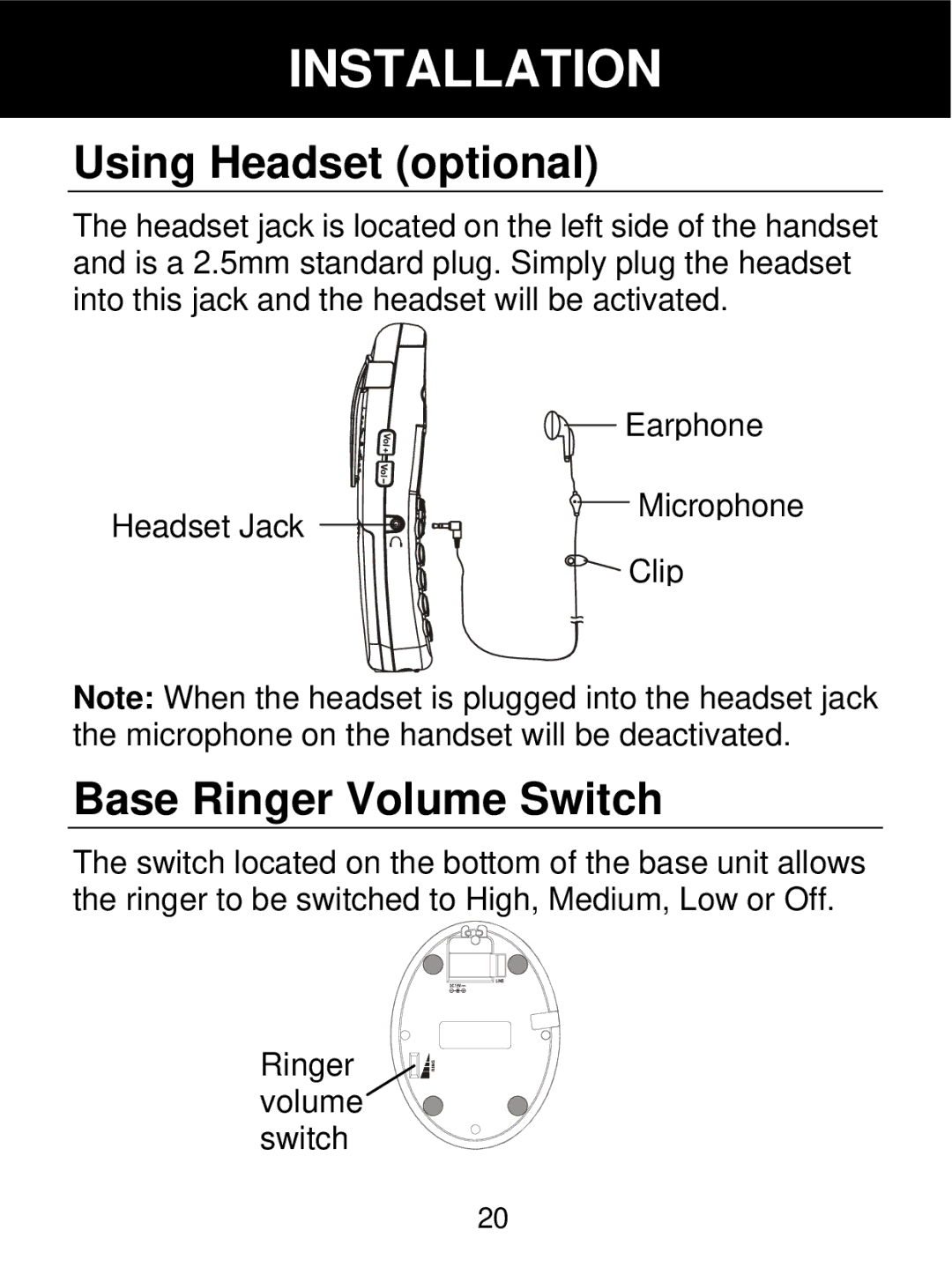 Geemarc 350 manual Using Headset optional, Base Ringer Volume Switch 