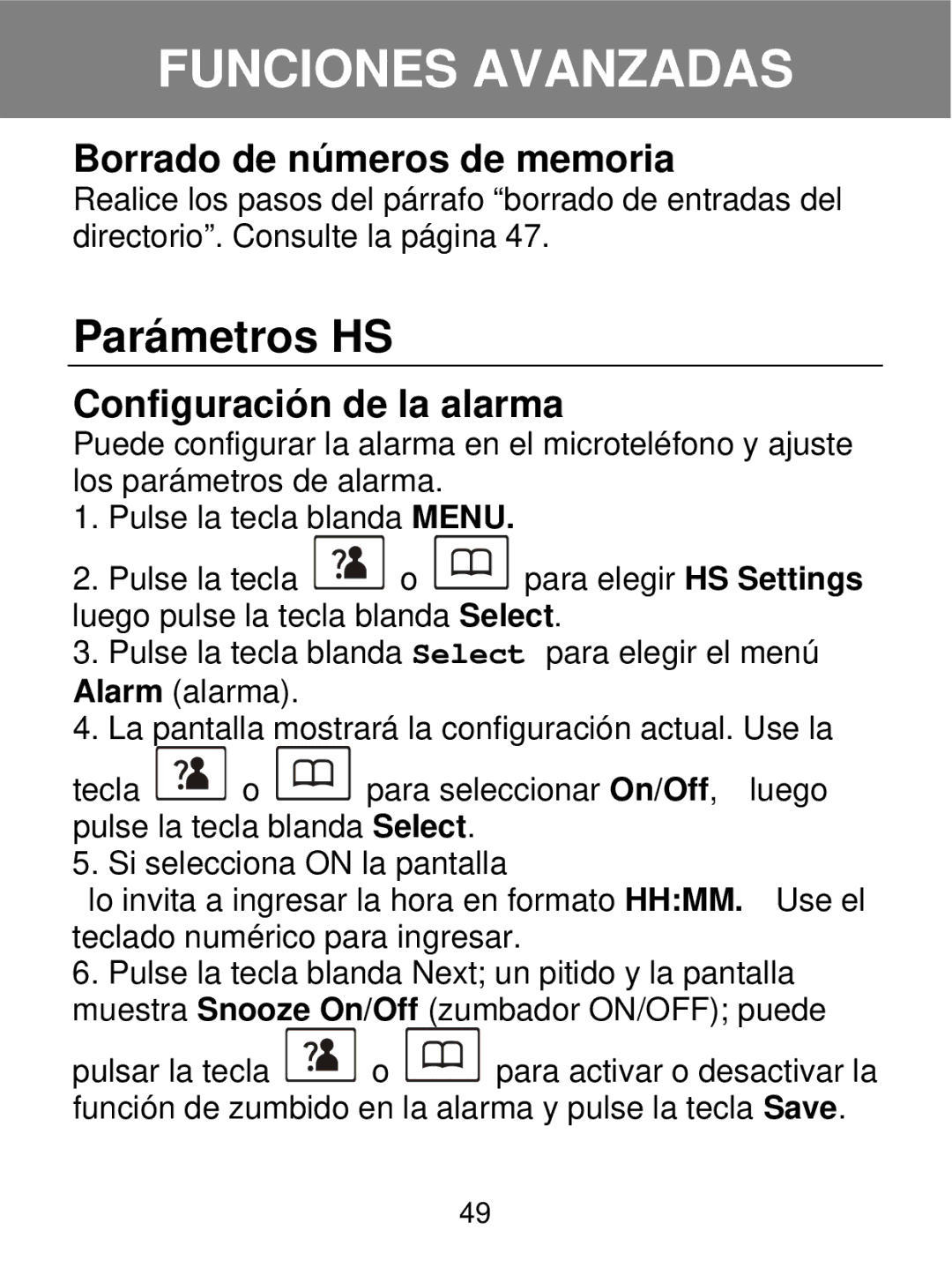 Geemarc 350 manual Parámetros HS, Borrado de números de memoria, Configuración de la alarma 