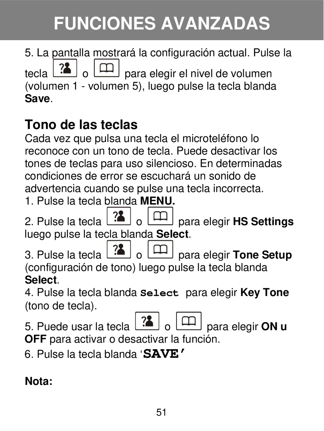 Geemarc 350 manual Tono de las teclas, Nota 