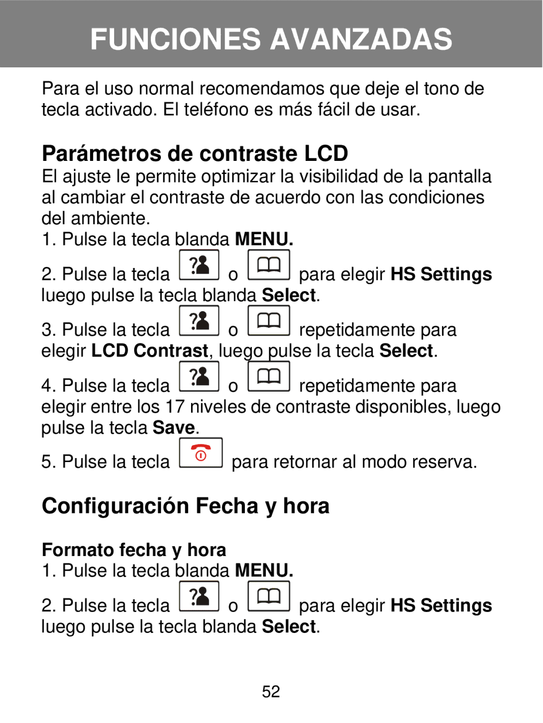 Geemarc 350 manual Parámetros de contraste LCD, Configuración Fecha y hora, Formato fecha y hora 