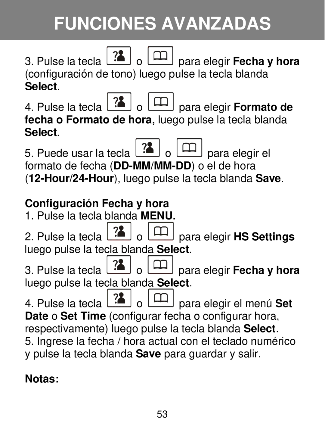 Geemarc 350 manual Configuración Fecha y hora, Notas 