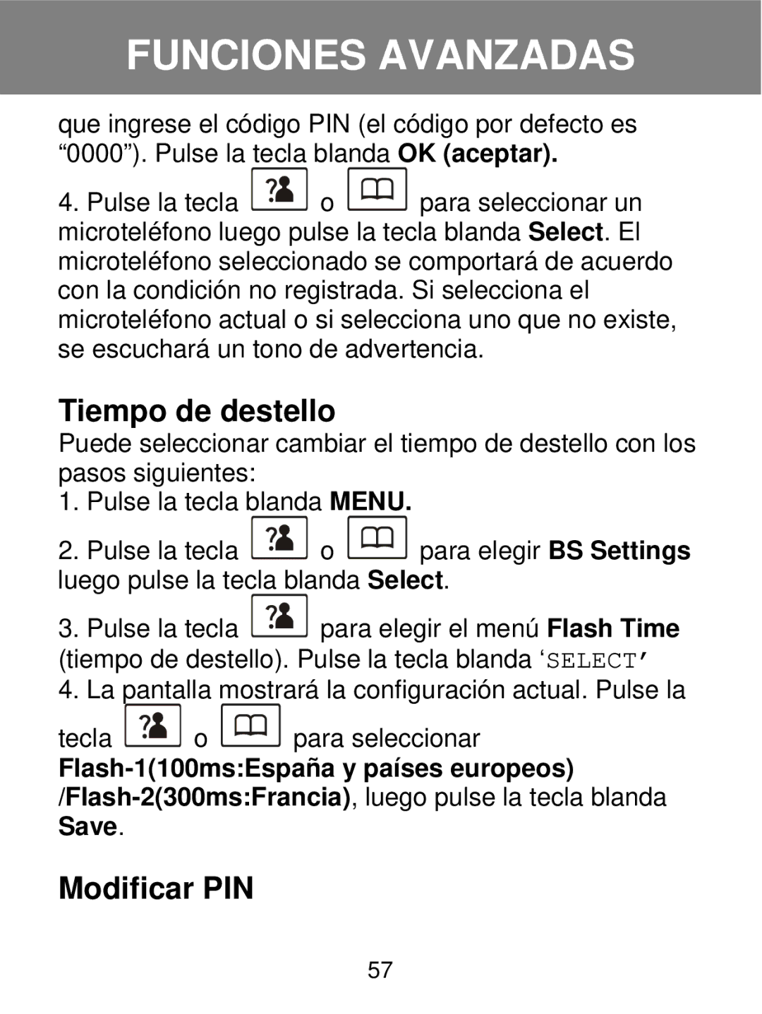 Geemarc 350 manual Tiempo de destello, Modificar PIN 