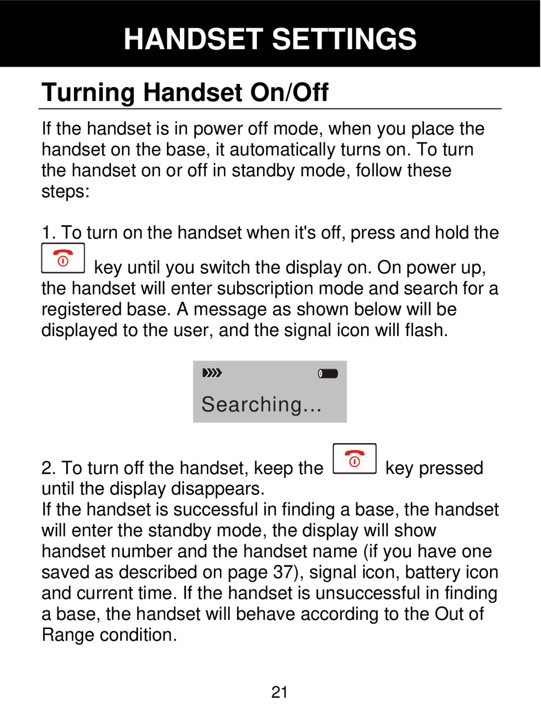 Geemarc 350 manual Handset Settings, Turning Handset On/Off 