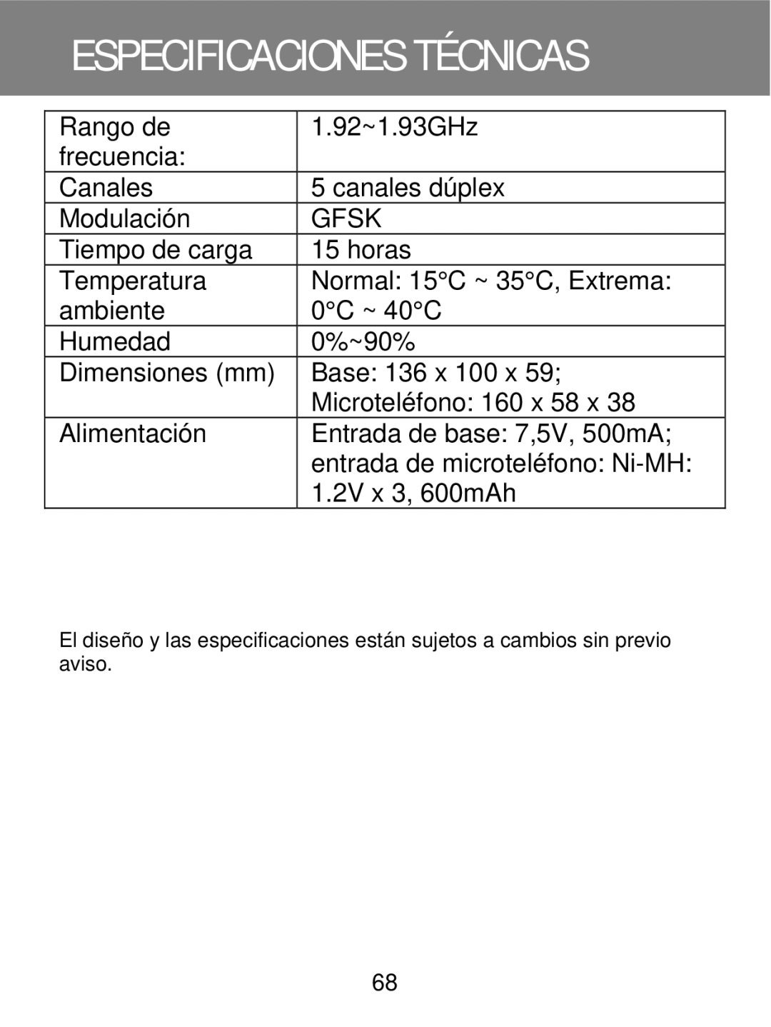 Geemarc 350 manual Especificaciones Técnicas 