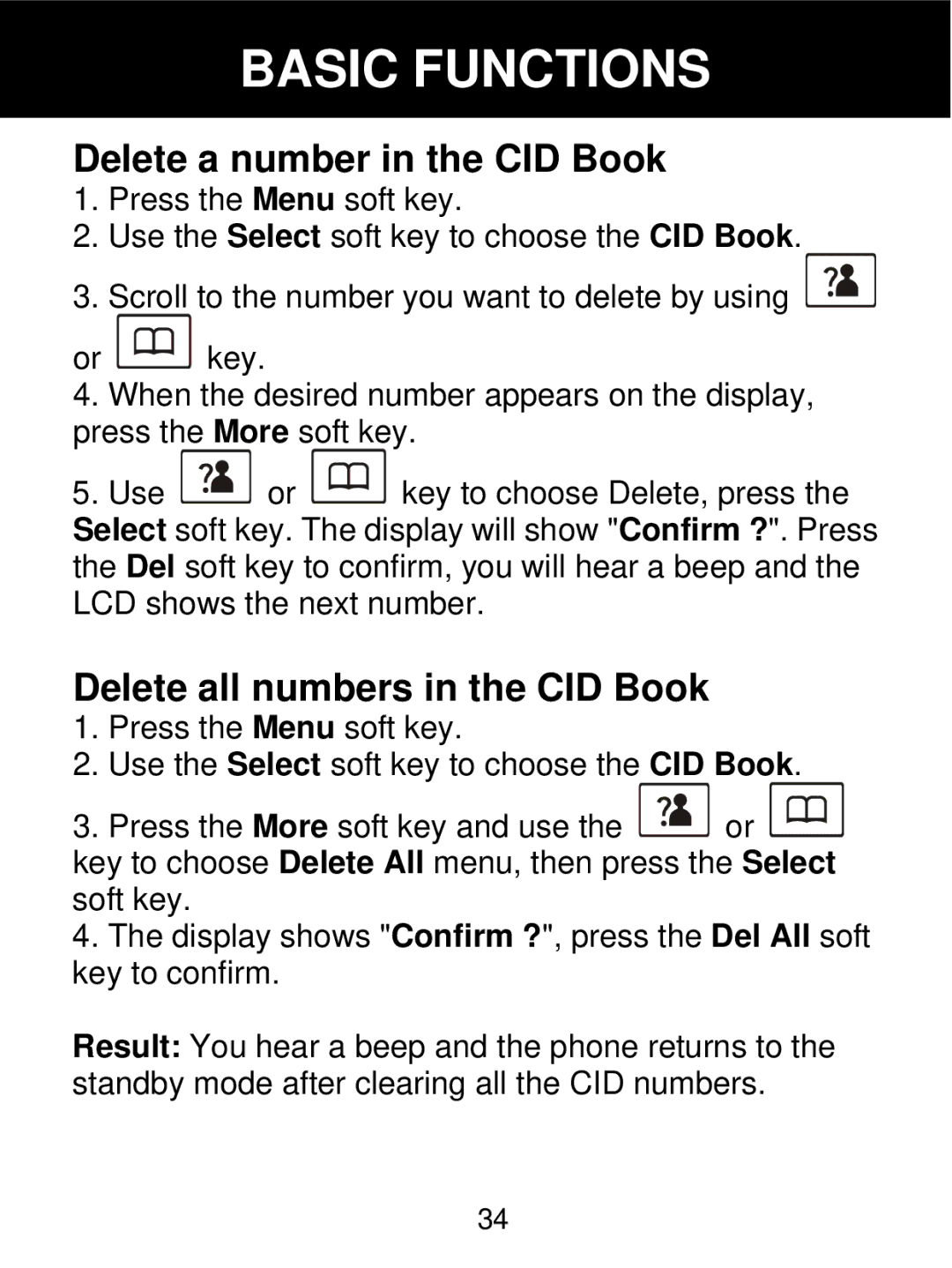 Geemarc 350 manual Delete a number in the CID Book, Delete all numbers in the CID Book 