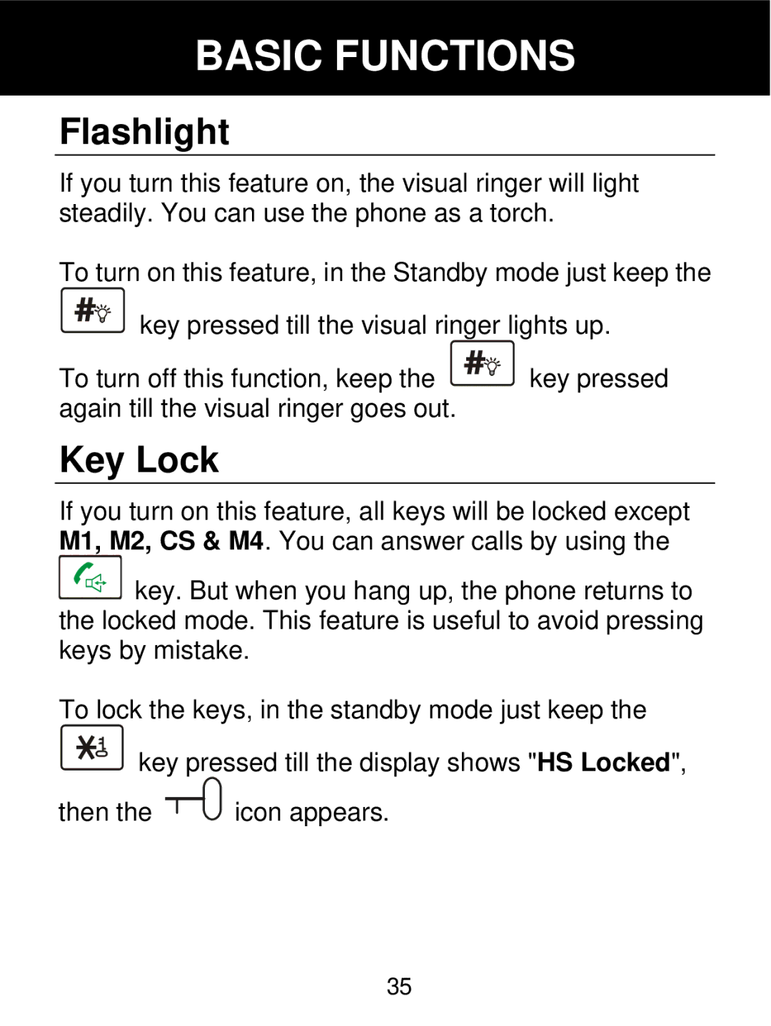 Geemarc 350 manual Flashlight, Key Lock 