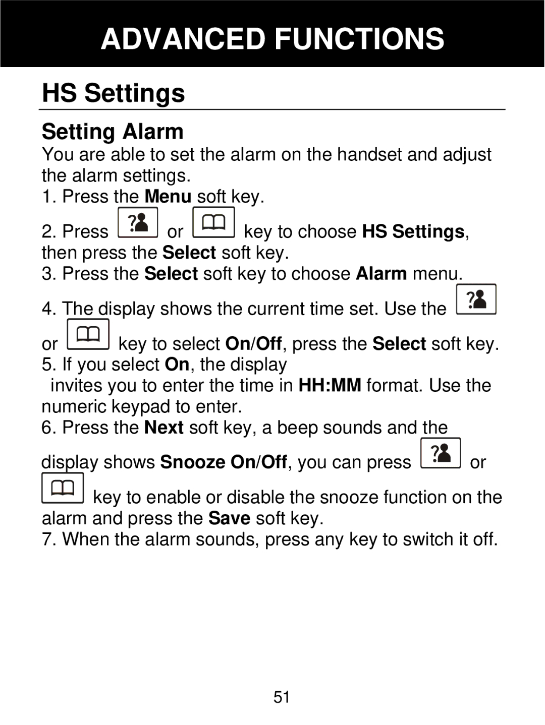 Geemarc 350 manual HS Settings, Setting Alarm 