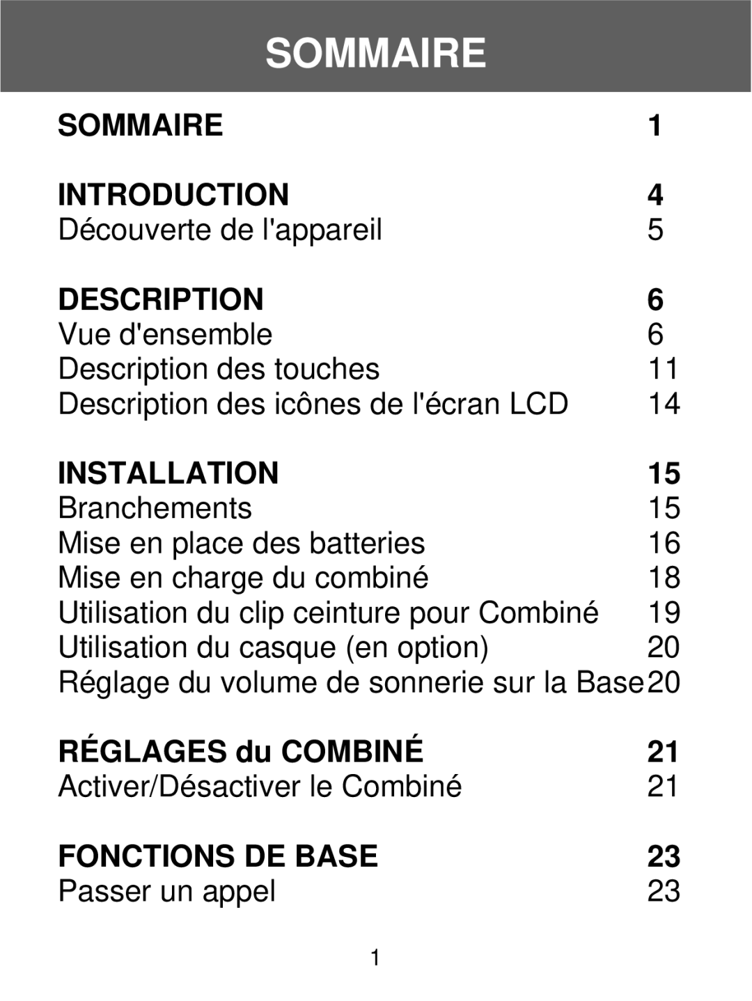 Geemarc 350 manual Sommaire, Réglages du Combiné 