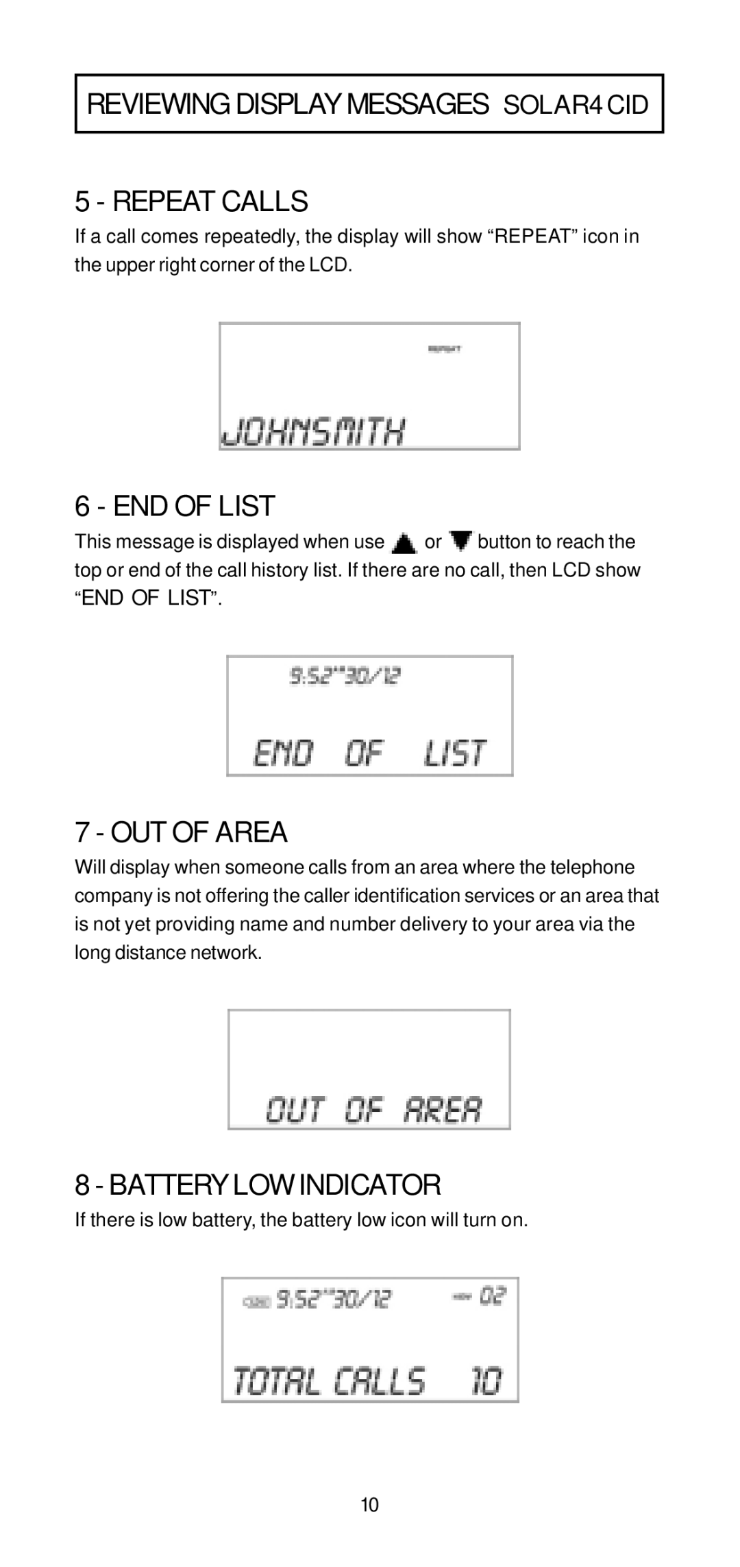 Geemarc manual Repeat Calls, END of List, OUT of Area, Battery LOW Indicator, Reviewing Display Messages SOLAR4 CID 