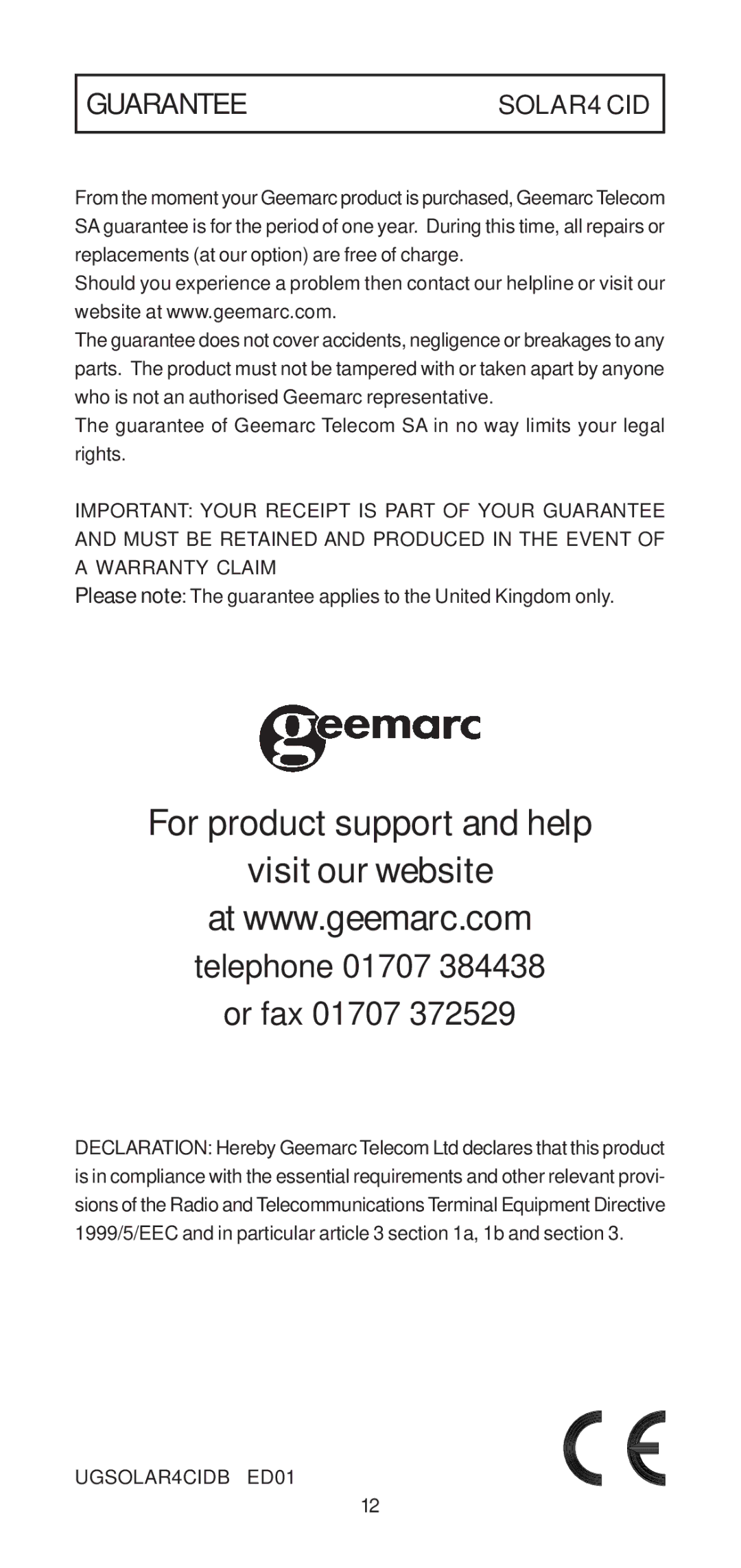 Geemarc 4 CID manual For product support and help Visit our website, Guarantee 