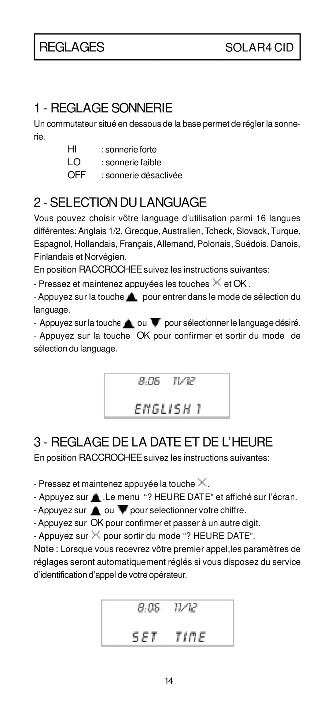 Geemarc 4 CID manual Reglages, Reglage Sonnerie, Selection DU Language, Reglage DE LA Date ET DE L’HEURE 