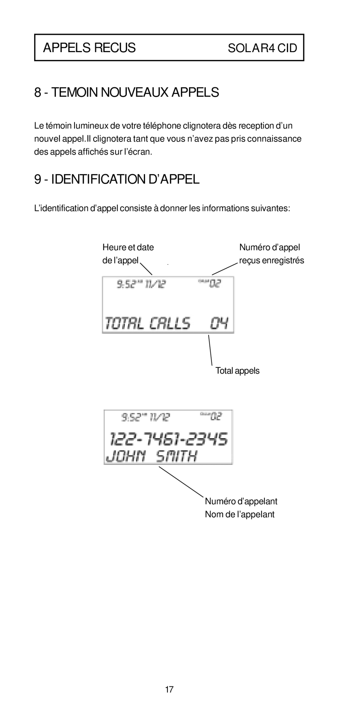 Geemarc 4 CID manual Appels Recus, Temoin Nouveaux Appels, Identification D’APPEL 