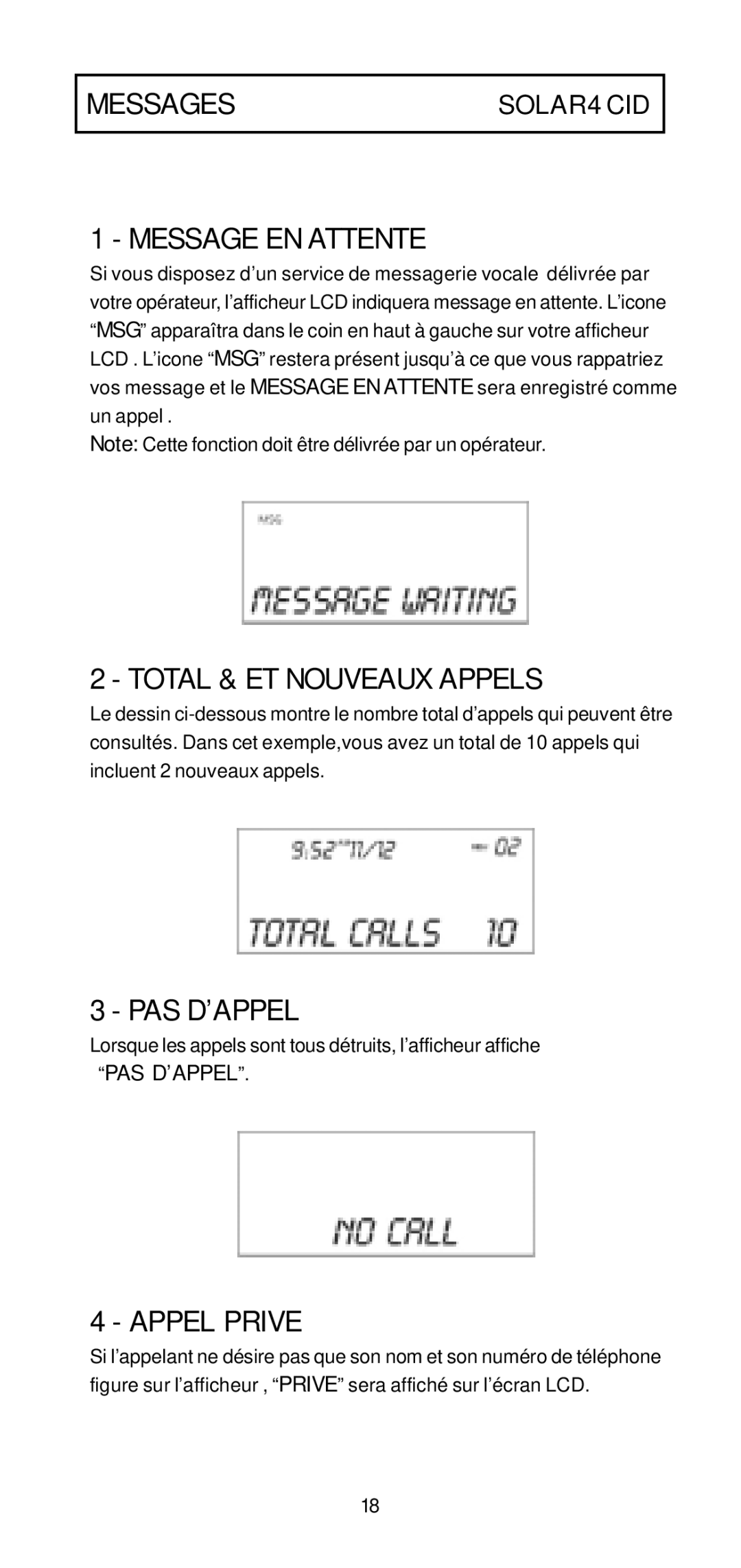 Geemarc 4 CID manual Messages, Message EN Attente, Total & ET Nouveaux Appels, Pas D’Appel, Appel Prive 