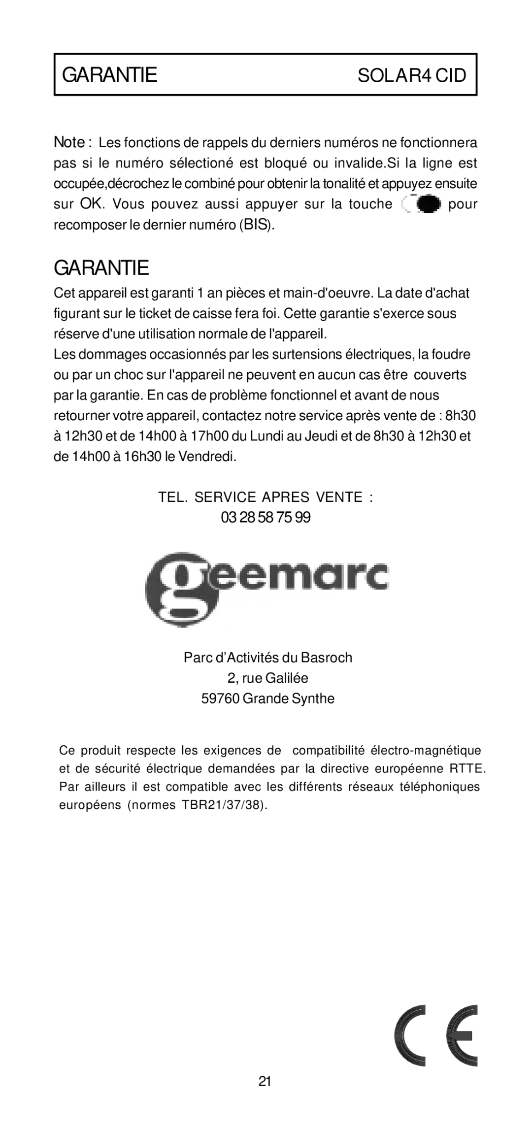 Geemarc 4 CID manual Garantie, TEL. Service Apres Vente 