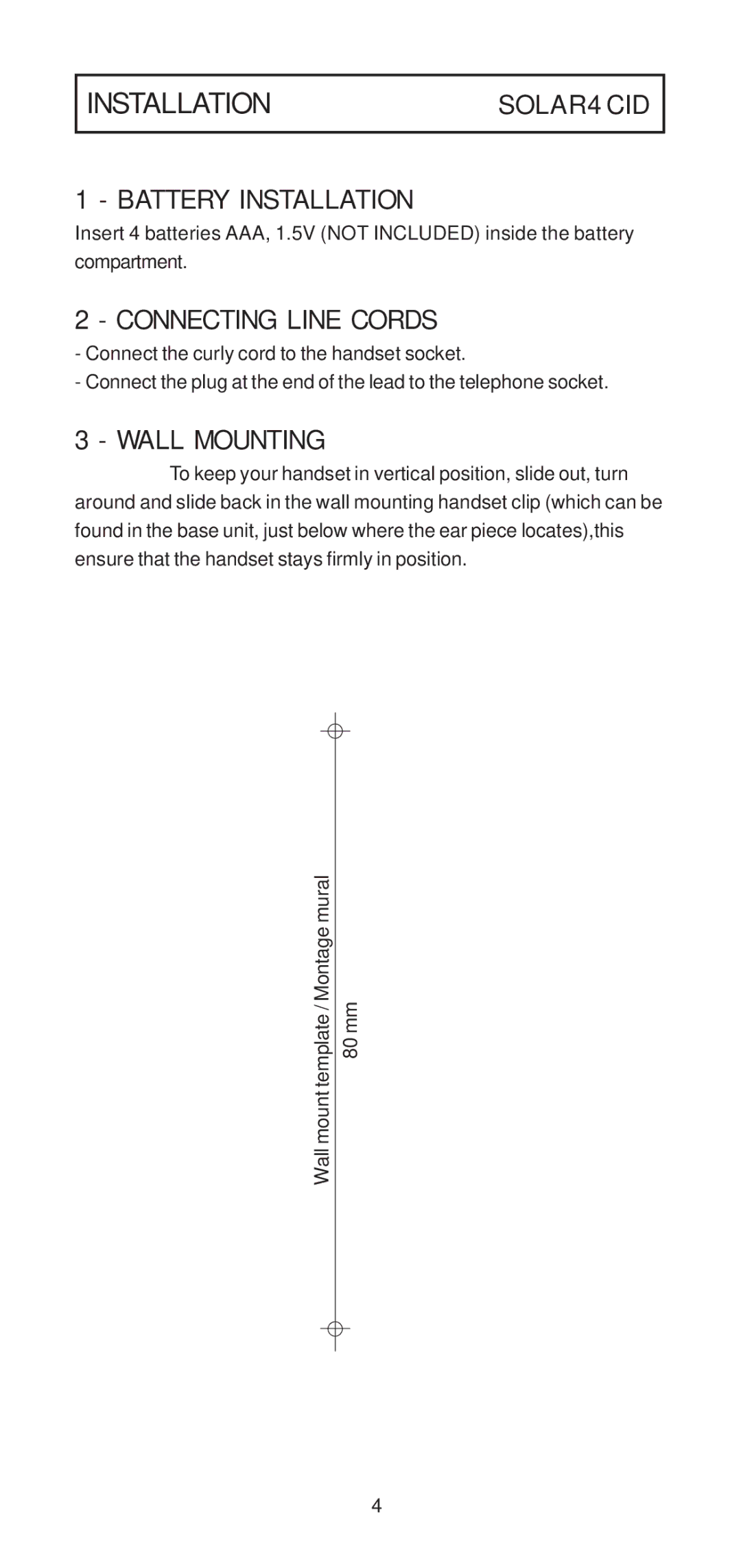 Geemarc 4 CID manual Battery Installation, Connecting Line Cords, Wall Mounting 