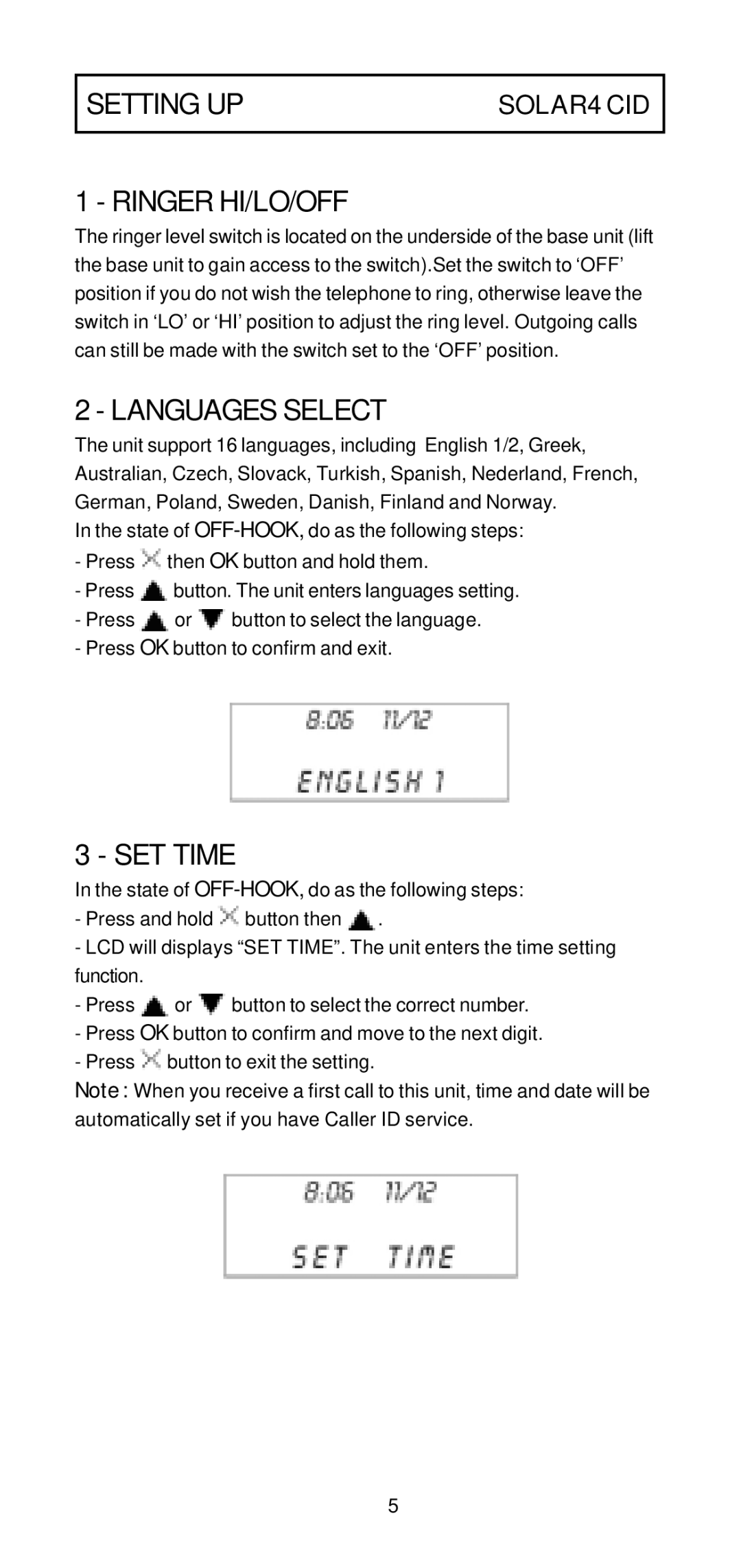 Geemarc 4 CID manual Setting UP, Ringer HI/LO/OFF, Languages Select, SET Time 