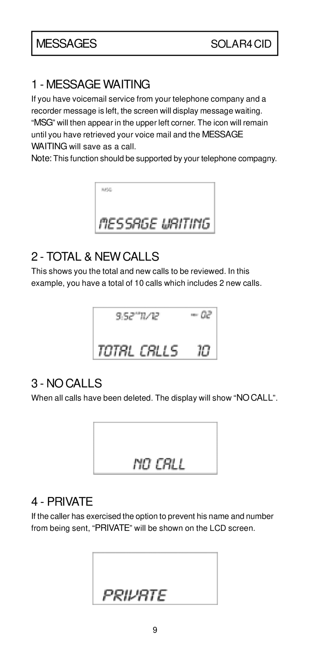 Geemarc manual MESSAGESSOLAR4 CID Message Waiting, Total & NEW Calls, No Calls, Private 