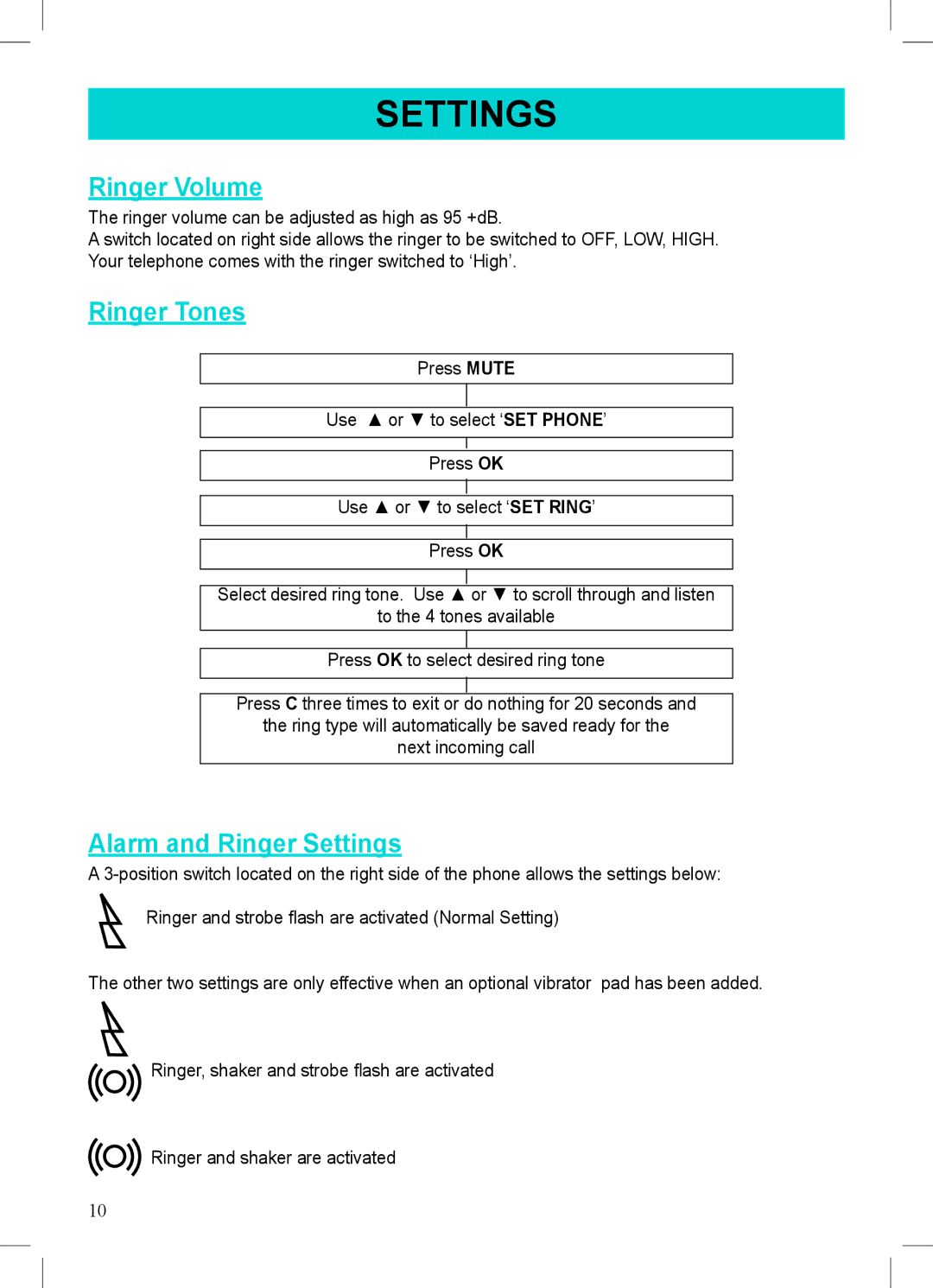 Geemarc 500 manual Ringer Volume, Ringer Tones, Alarm and Ringer Settings 