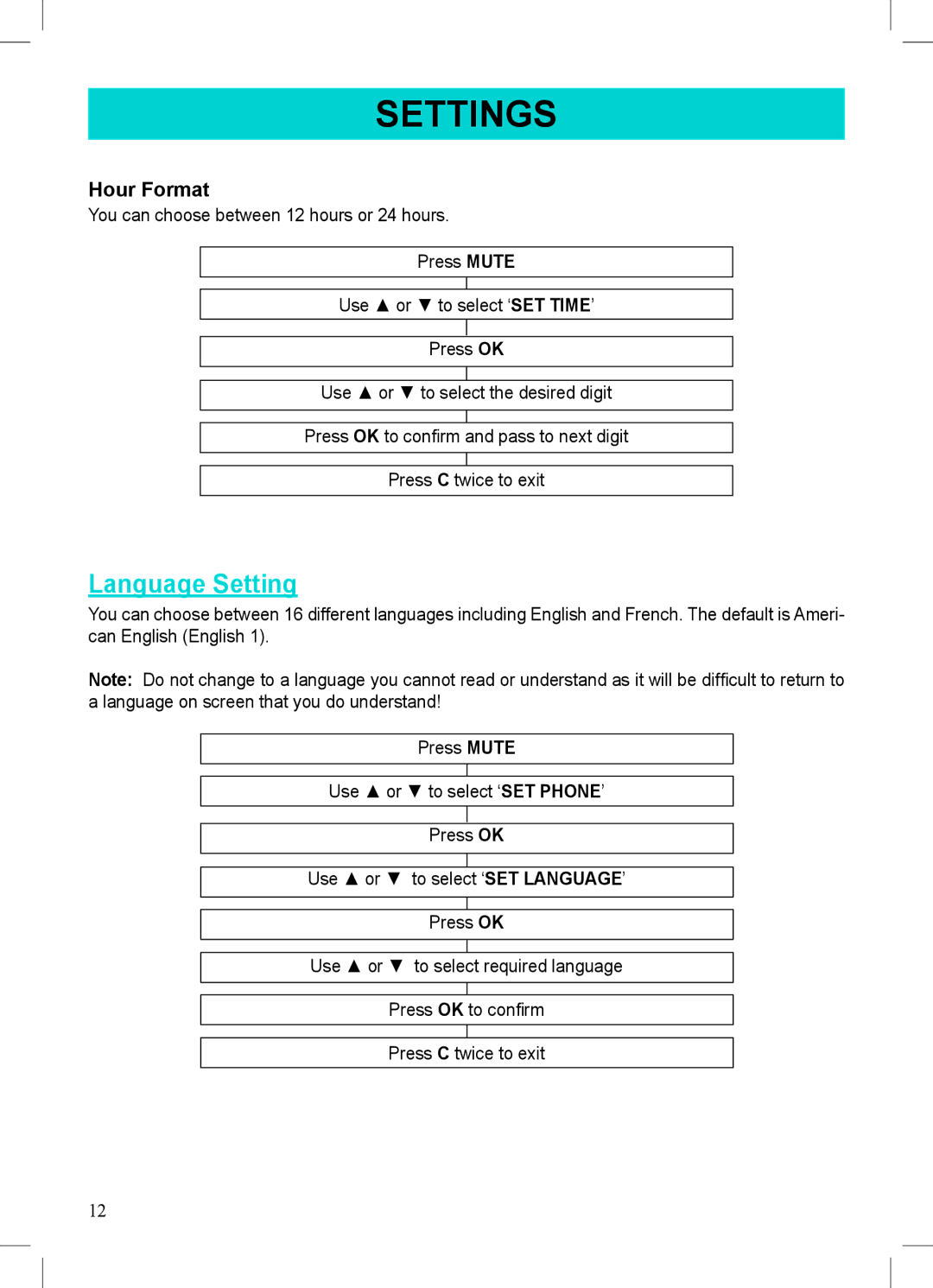 Geemarc 500 manual Language Setting, Hour Format 