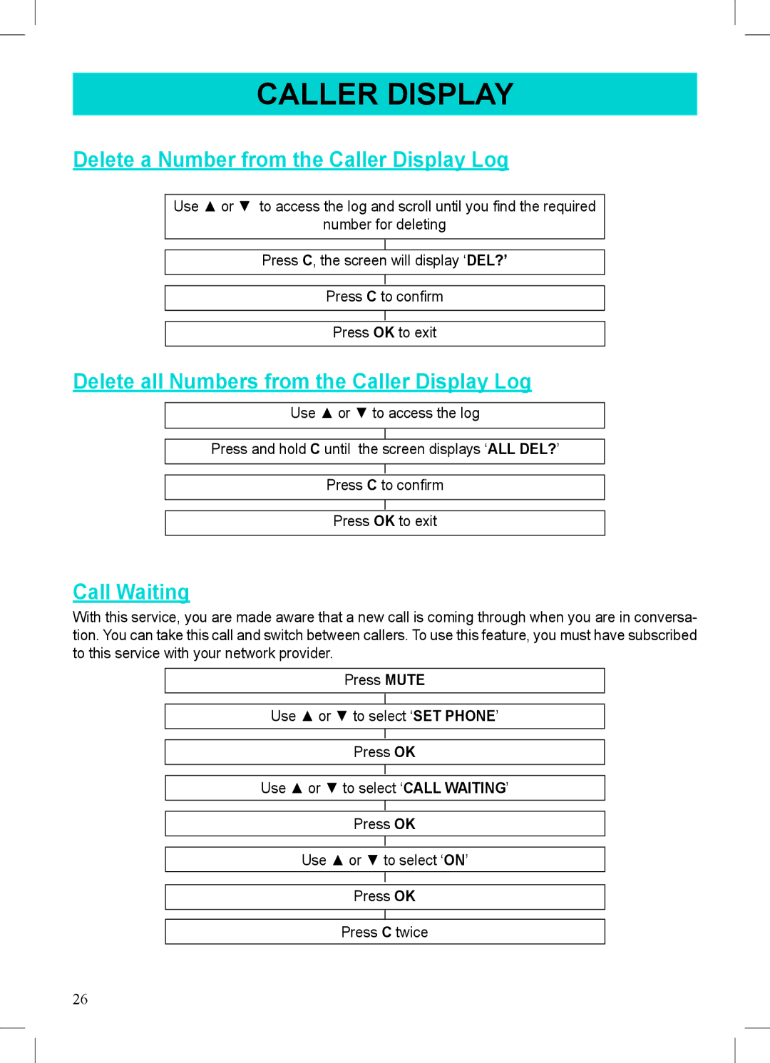 Geemarc 500 Delete a Number from the Caller Display Log, Delete all Numbers from the Caller Display Log, Call Waiting 