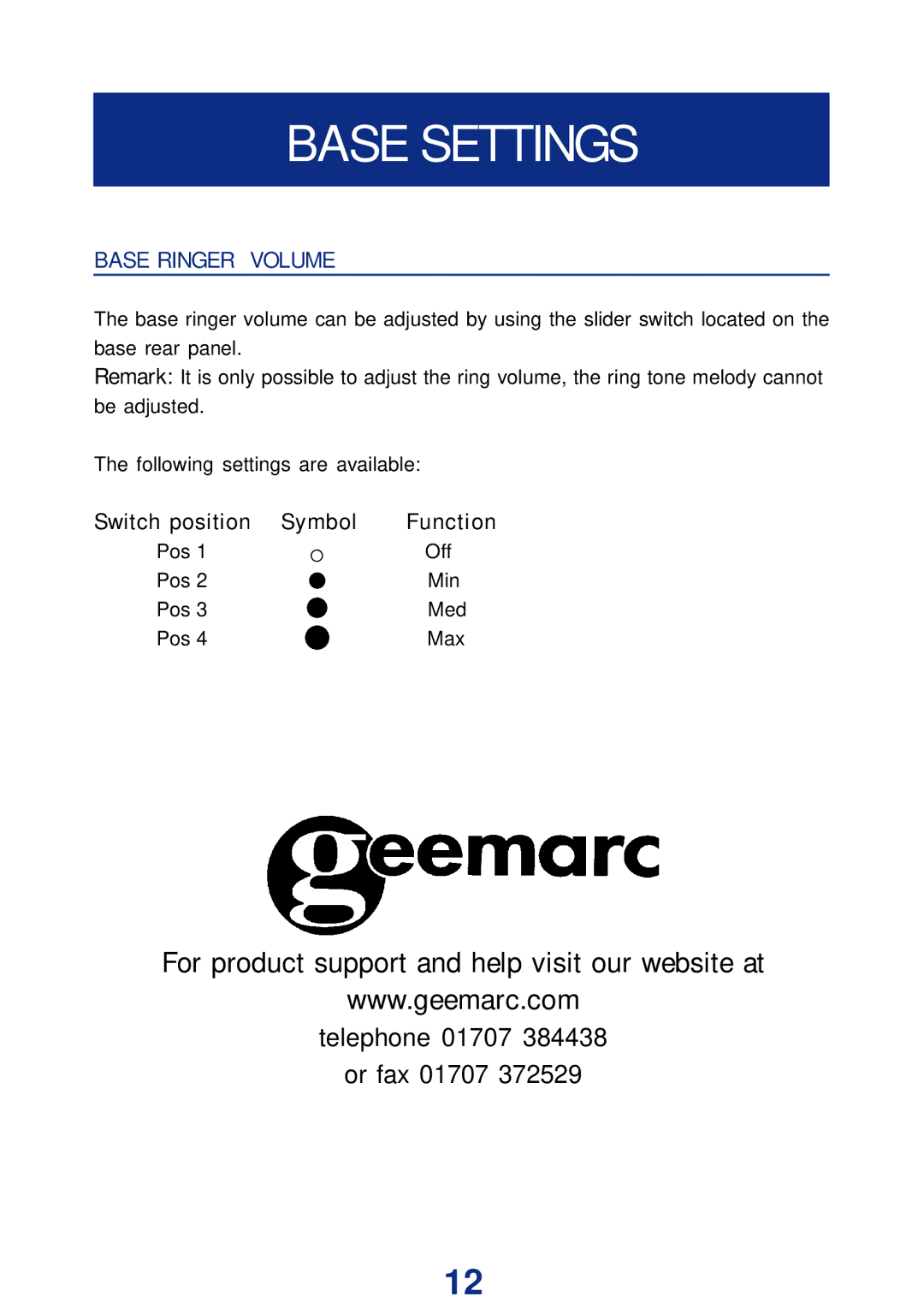 Geemarc Ampli DECT150 manual Base Settings, Base Ringer Volume 