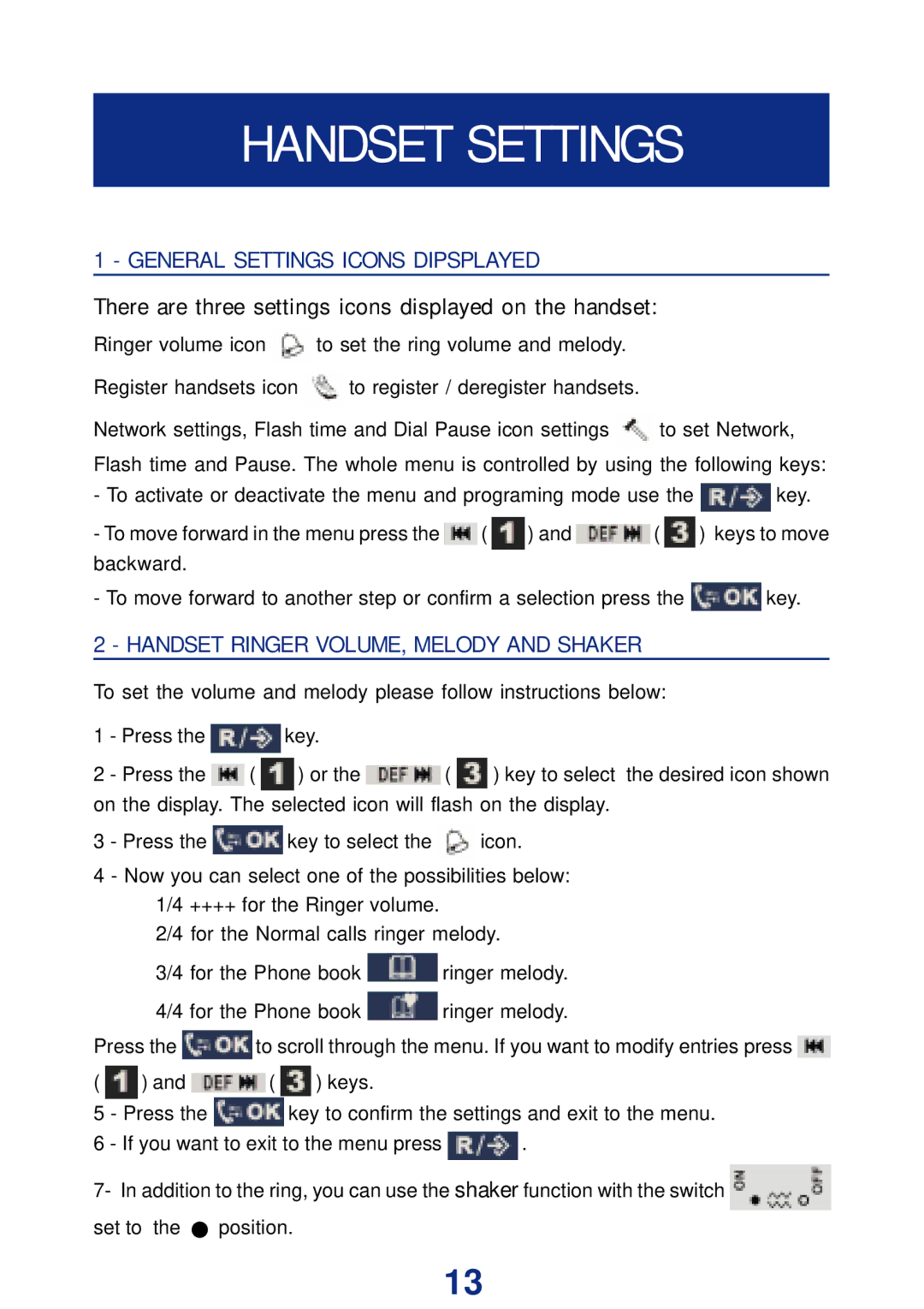 Geemarc Ampli DECT150 manual Handset Settings, General Settings Icons Dipsplayed, Handset Ringer VOLUME, Melody and Shaker 