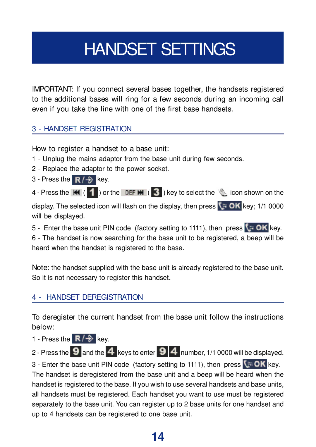 Geemarc Ampli DECT150 manual Handset Registration, Handset Deregistration 