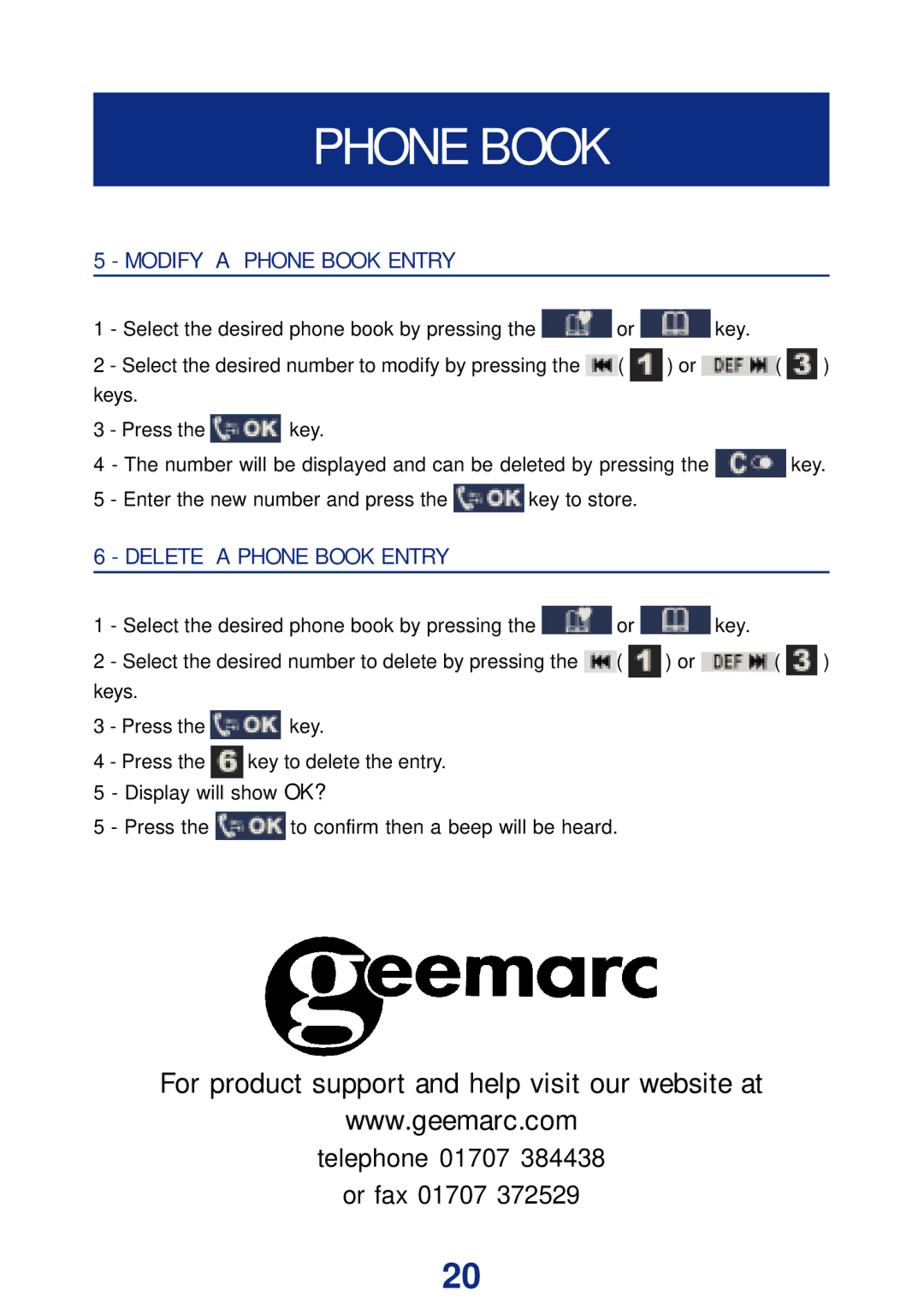 Geemarc Ampli DECT150 manual Modify a Phone Book Entry, Delete a Phone Book Entry 