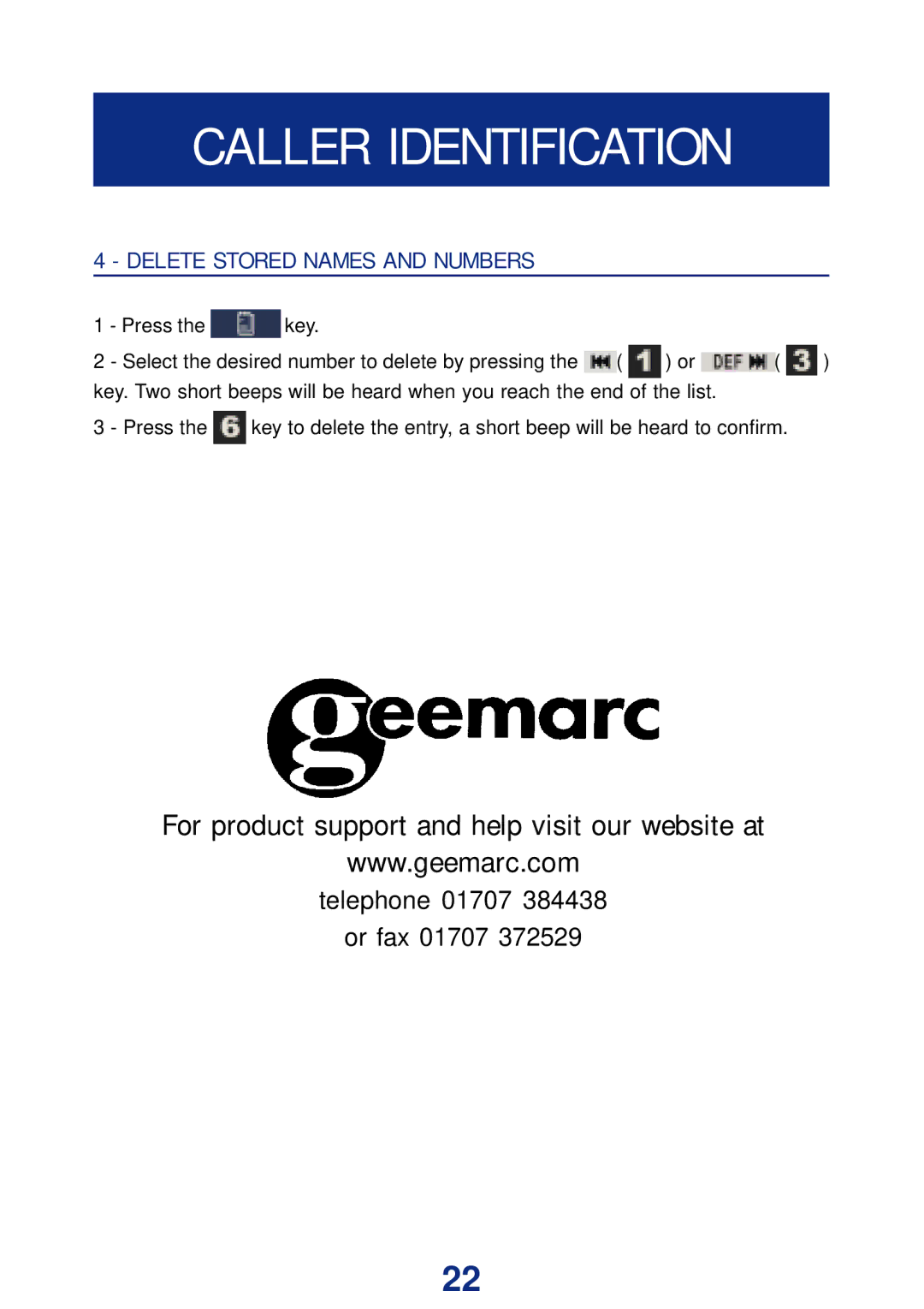 Geemarc Ampli DECT150 manual Delete Stored Names and Numbers 