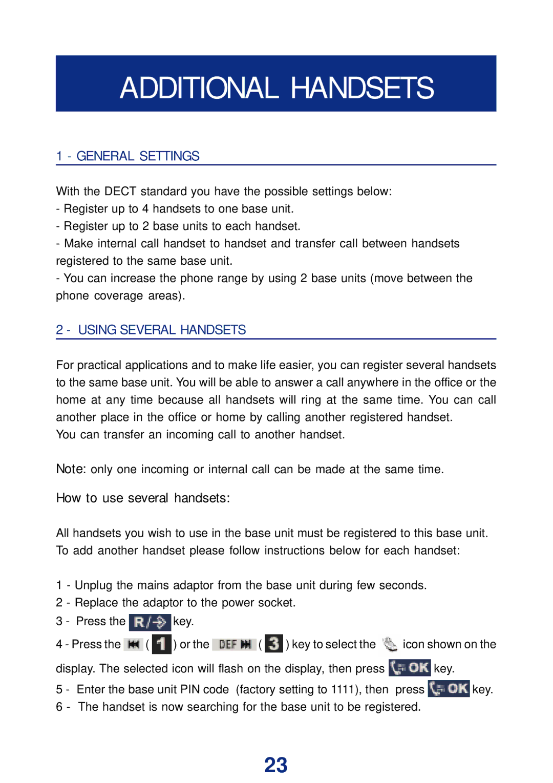 Geemarc Ampli DECT150 manual Additional Handsets, General Settings, Using Several Handsets 